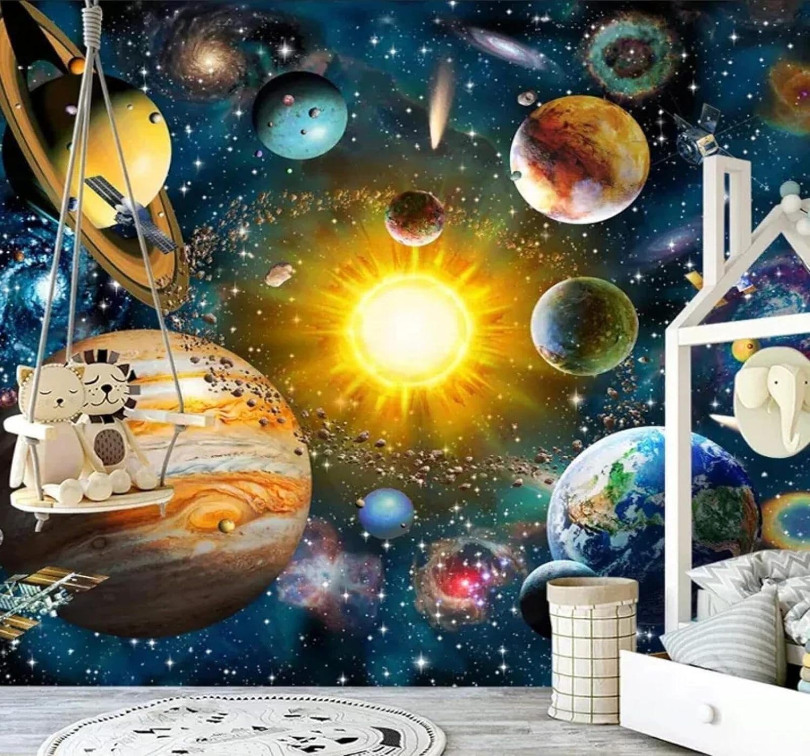 XLMING Hand Drawn Cartoon Universe Stars Planets 3D Wallpaper Silky Texture Home Study Office Grey Dining Room Sofa Bedroom Living Room TV Backdrop-430cm×300cm
