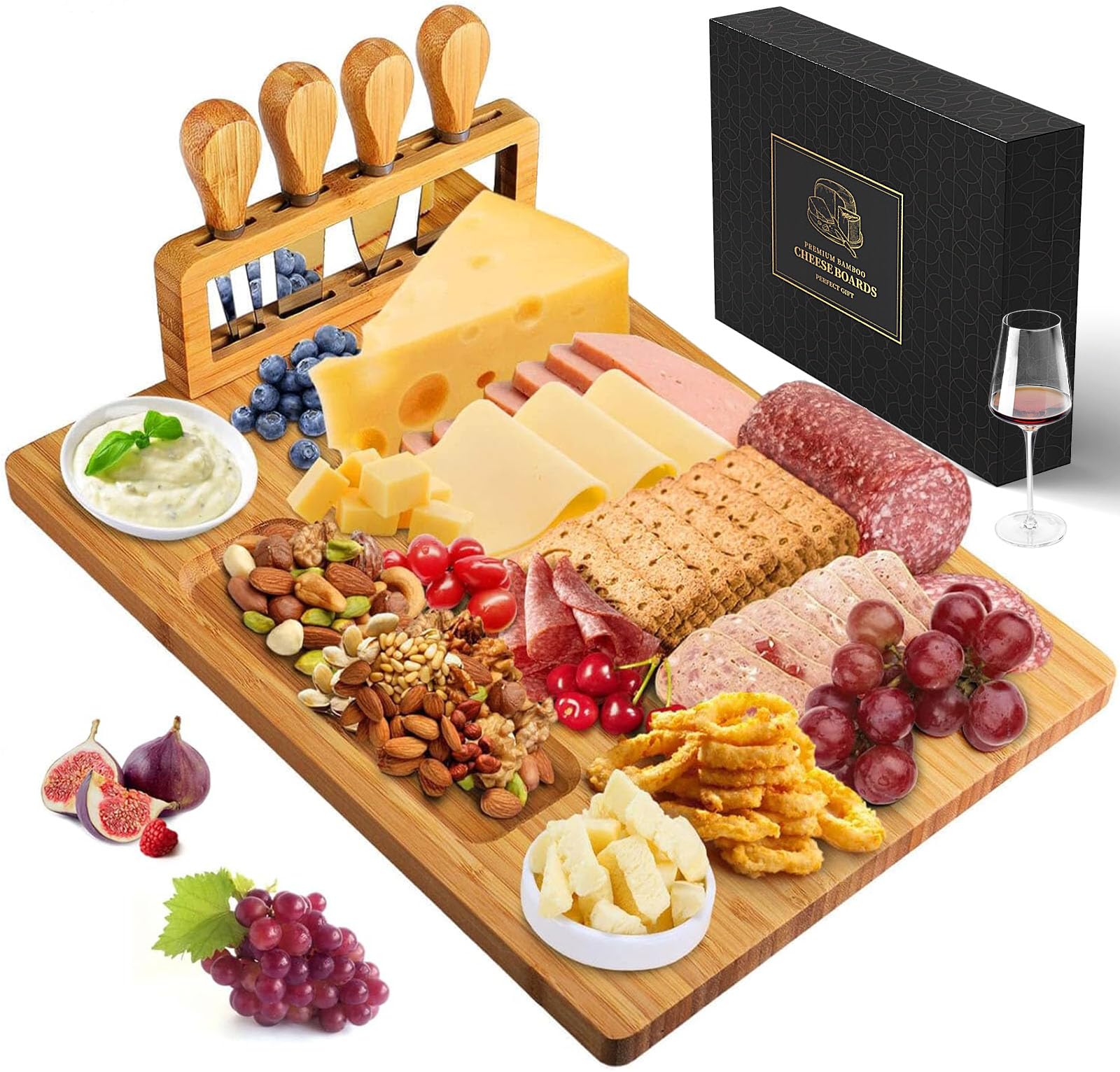 Bamboo Cheese Board Set - Charcuterie Board and Serving Meat Platter, Cheese Tray with 4 Stainless Steel Cheese Knives Cutting Board Platter, Ideal for Halloween, Wedding, Christmas Gifts