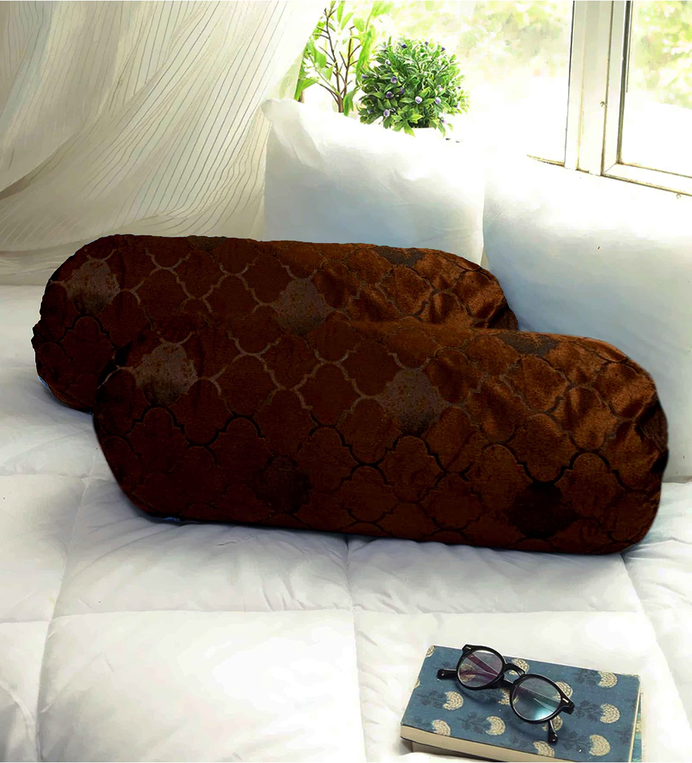 IM FAB Barfi Burnout Velvet Luxury Round Bolsters Covers (32 x 16,INCH) - Set of 2 PCS-Brown-image-4