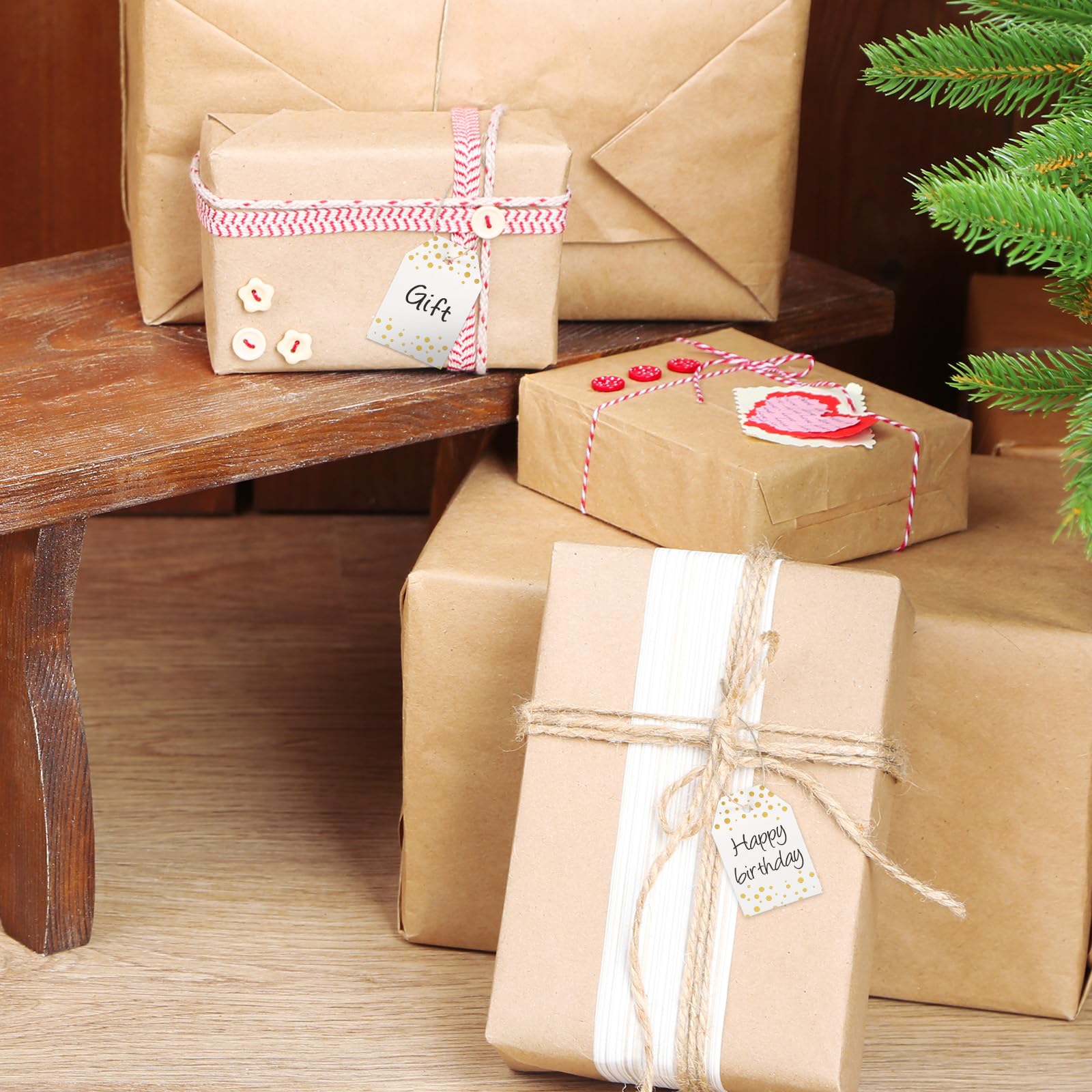 Etichette regalo con cordino, 100 pezzi, etichette per regali in carta kraft bianca, etichette per regali di Natale e matrimoni, 9 x 4,5 cm
