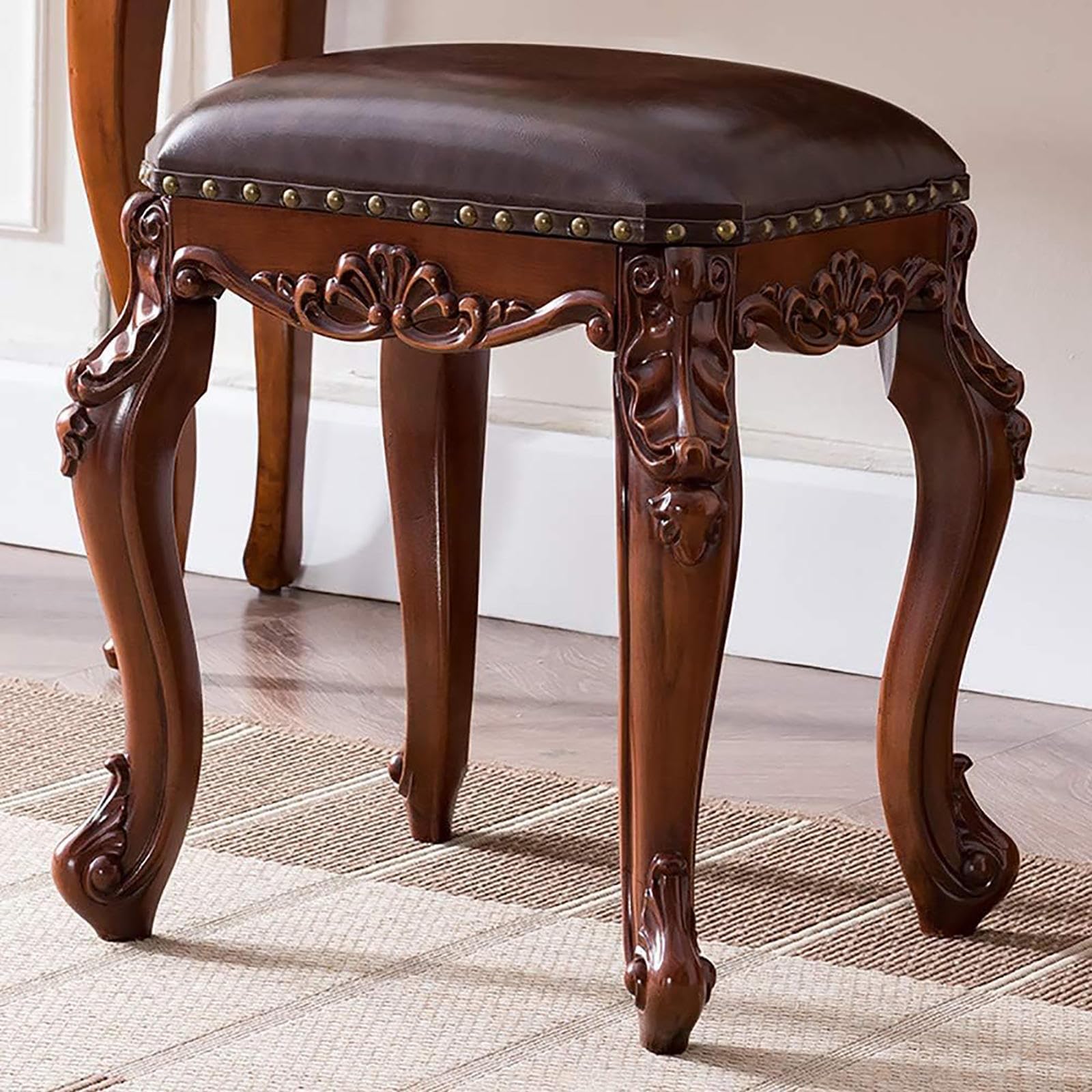 Repose-Pieds Rond en Bois Massif et Cuir : Tabouret de Canapé Marron Café