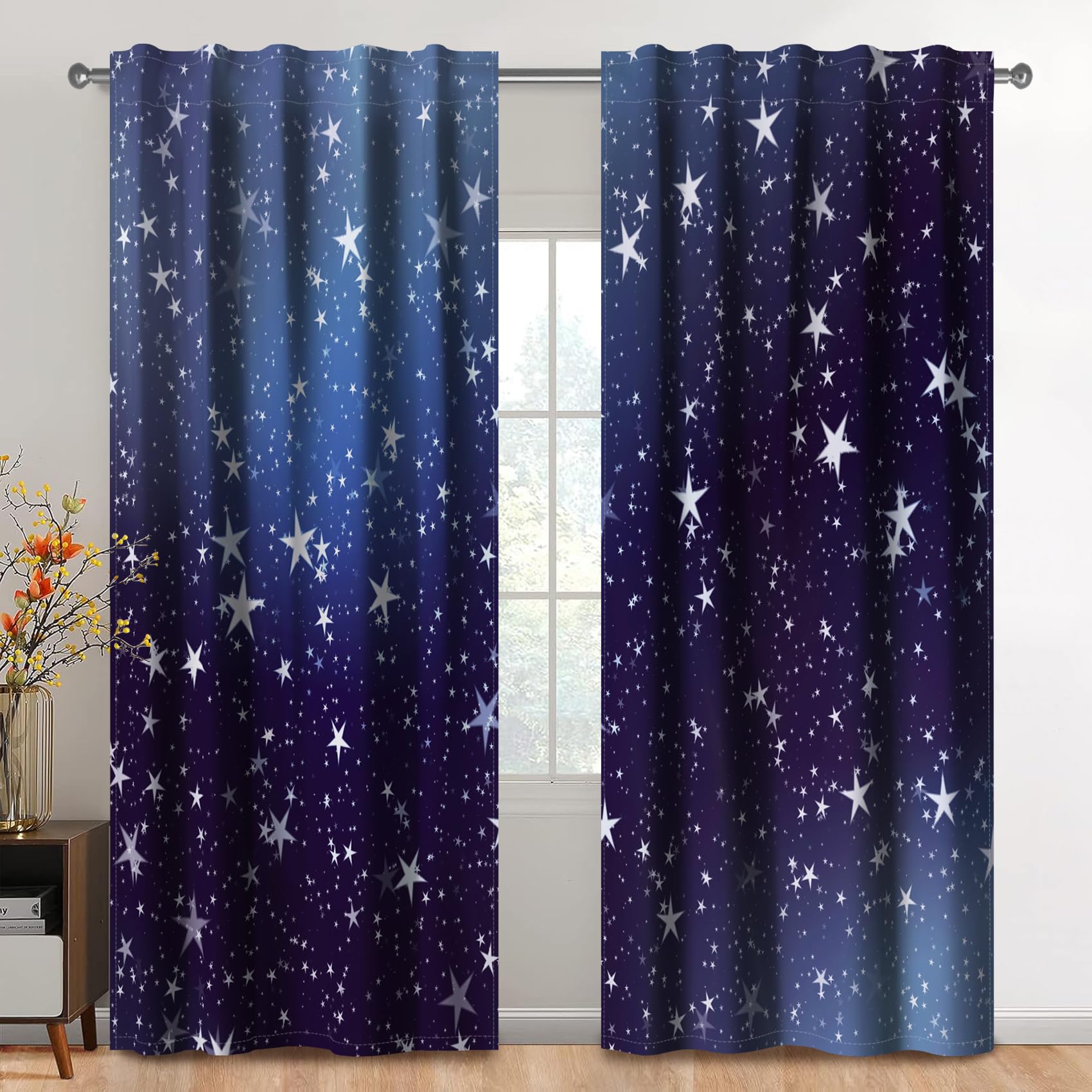 Kzzfqxb 117x229cm Curtains 2 Panels, Gradient Dark Blue Night Sky with Starry Galaxy Rod Pocket Window Drapes, Simple Elegant Pentagrams Decoration for Bedroom Living Room