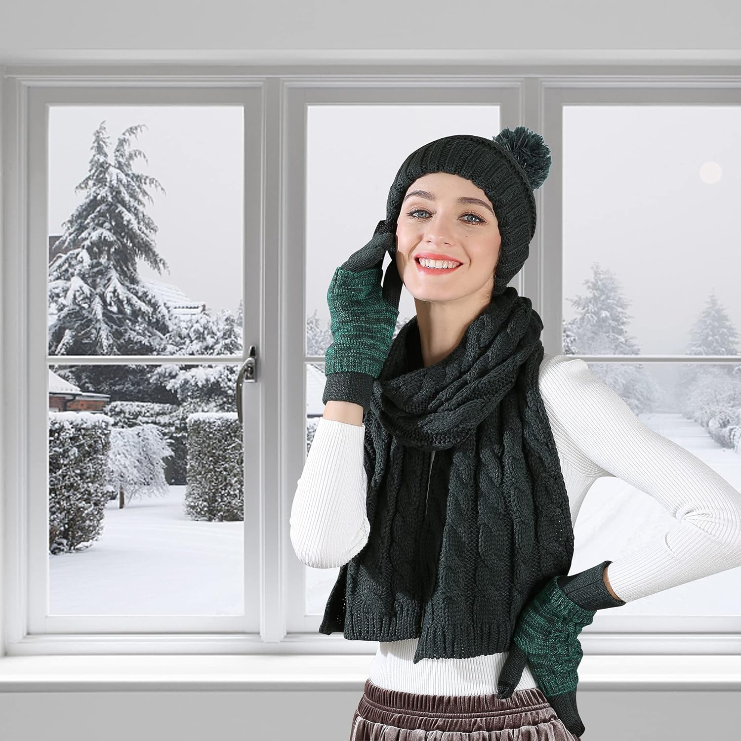 Winter Scarf Gloves and Hat Set for Women, Beanie Hat Long Scarf Touchscreen Gloves, Warm 3 in 1 Set for Womens Girls
