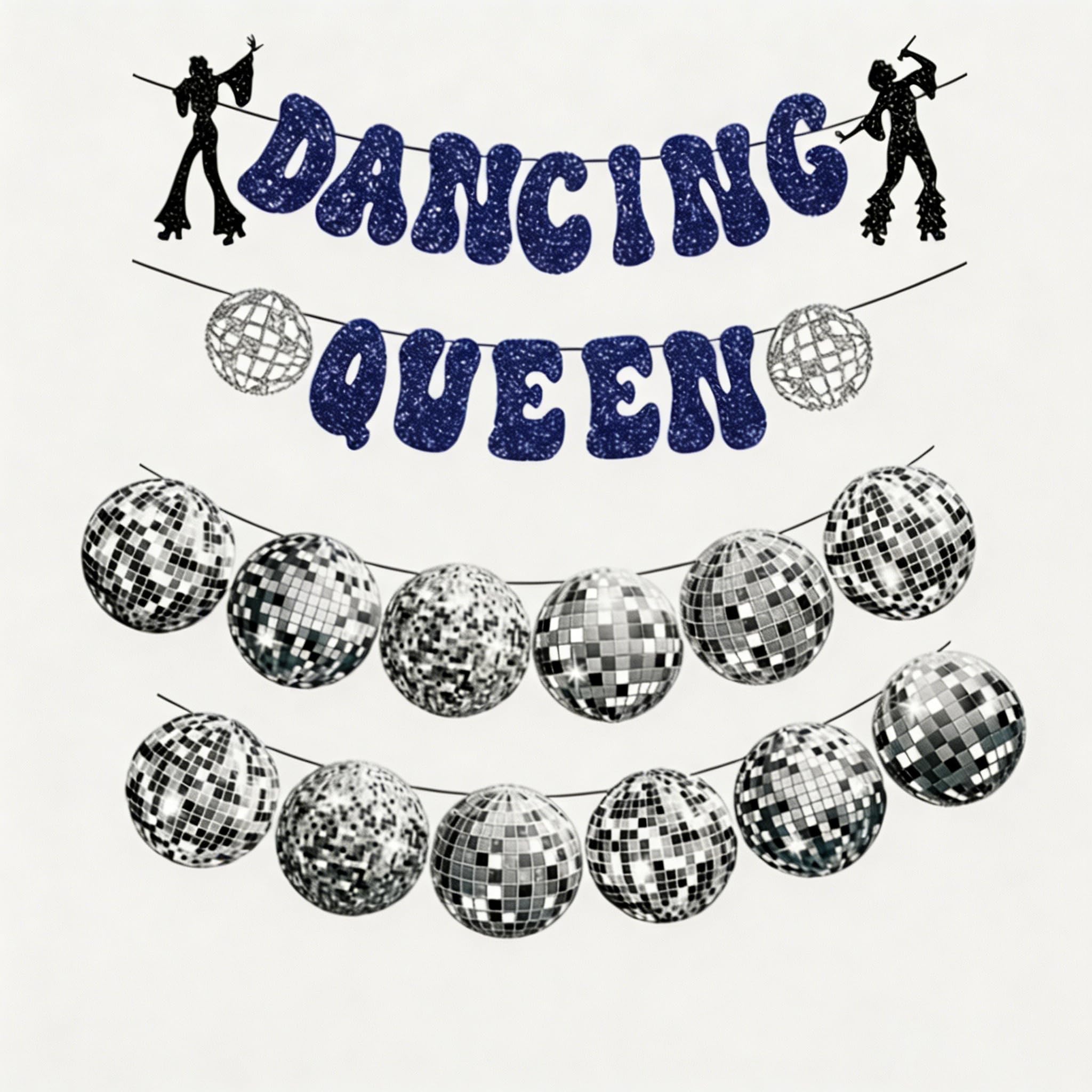 Disco Decorations Set - 70s/80s Retro Dancing Queen Banner & Silver Tinsel Garland for Adult Party Backdrop Photo Booth Decor