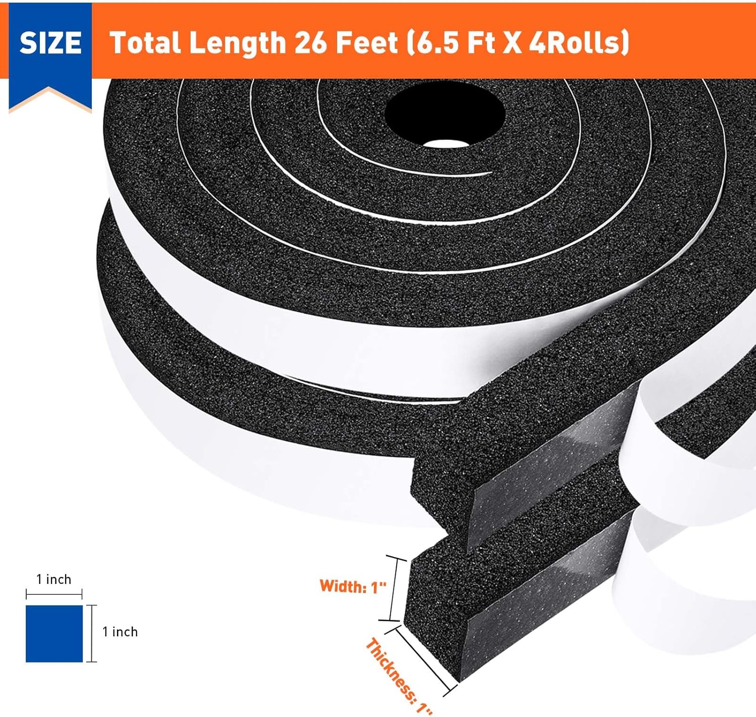 Condition photo showing Good Condition for MAGZO Weather Stripping Door Seal 1 Inch W X 1 Inch T X 26 Ft Total Length, Strong Adhesion and High Resilience Air Conditioner Foam Insulation (6.5ft x 4 Rolls) 1in × 1in × 26FT