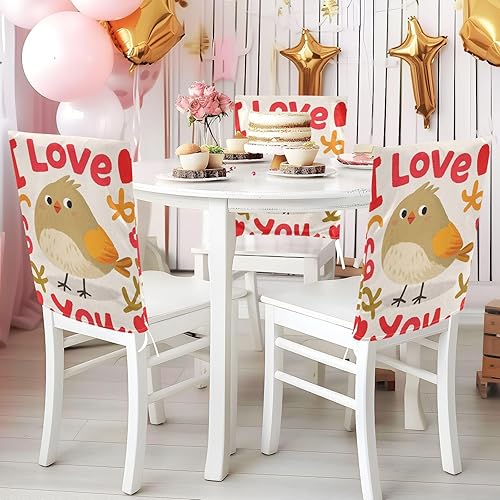 Miniatura 5 de Juego de 6 fundas decorativas para sillas de comedor con texto en inglés "I Love You", diseño de pájaro de dibujos animados para dormitorio,