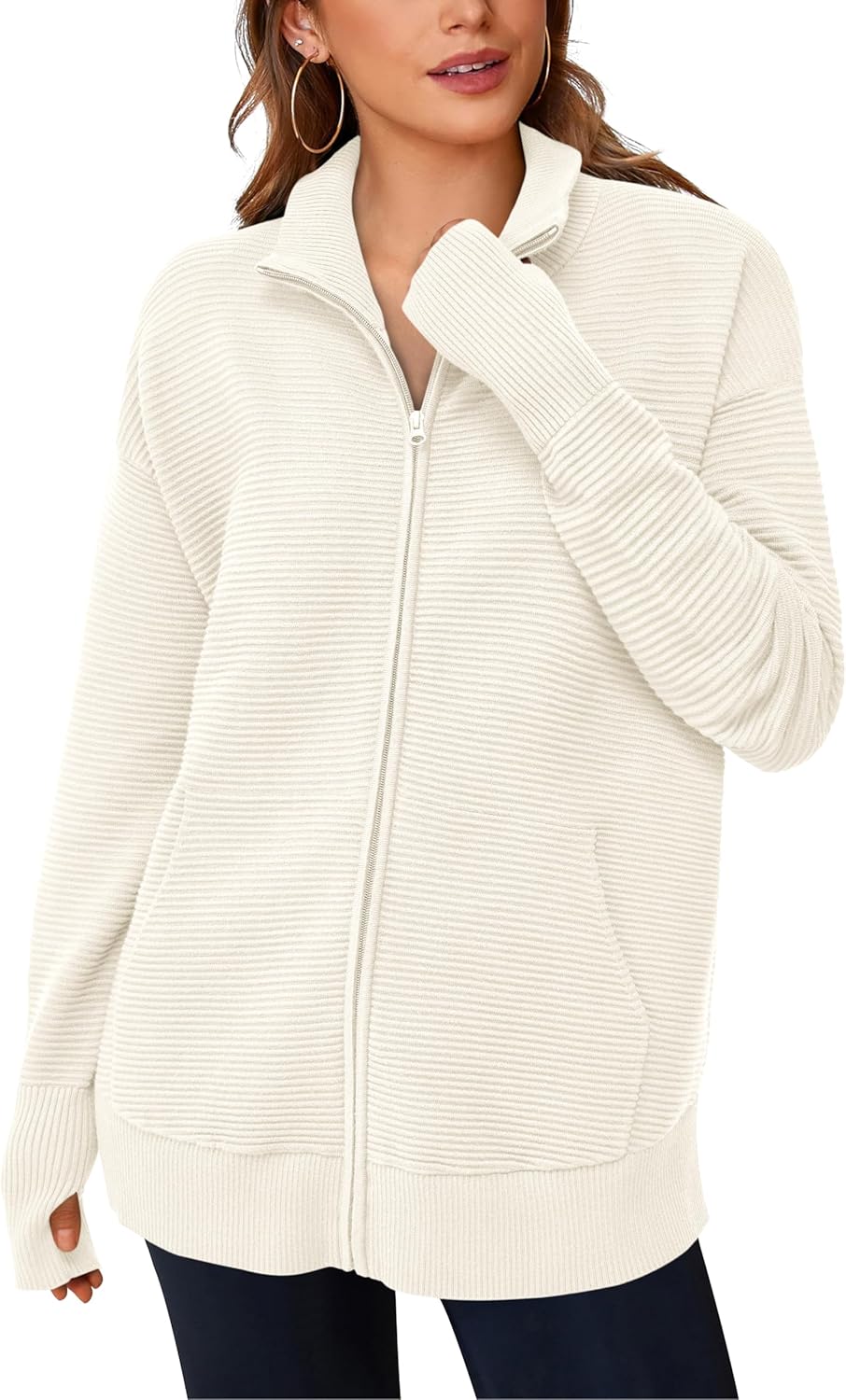 PRETTYGARDEN Womens Fall 2025 Long Sleeve Zip Up Cardigan Sweaters Casual Loose Collared Ribbed Knit Tops Jackets Thumb Hole - Image 2