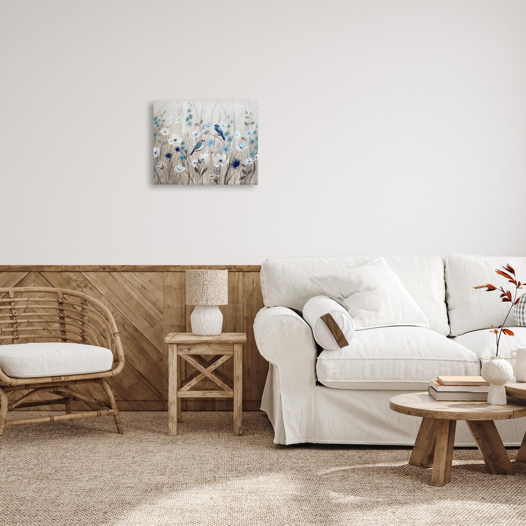 Stupell Industries Birds Floral Meadow Blue White Blossoms, Design by Nan