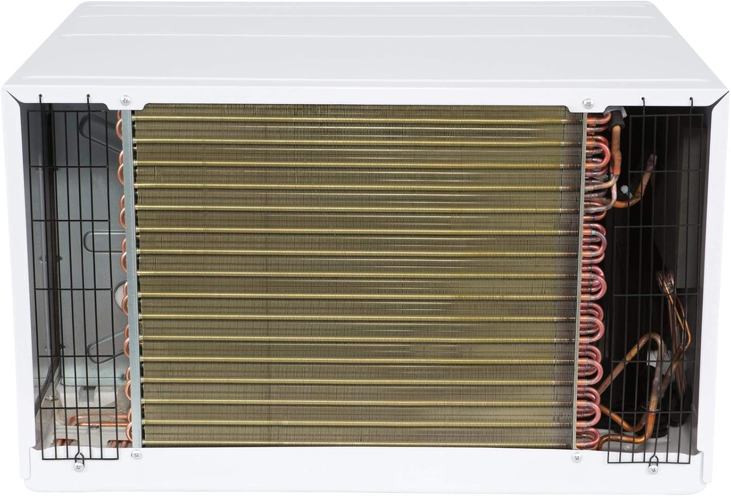 Øverst bagpå view of GE AKCQ14DCH air conditioner showing condenser coils