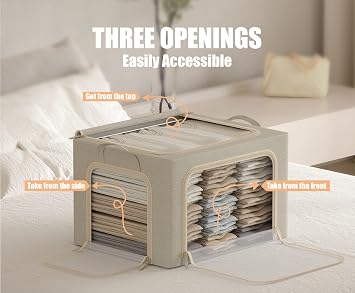 3 Openings Clothes Storage Bins with Metal Frame, Foldable Storage Bin for Clothes, Clothing Storage Bins with Lid, Linen Storage Box With Clear Window& Zippers& Durable Handles.(3 Pcs,Beige,40L)