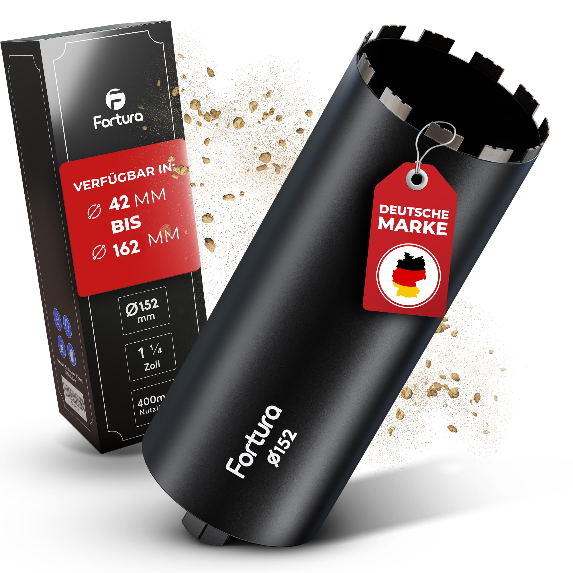 Fortura® Kernbohrer Ø42-162mm/400mm Länge/1 ¼ Zoll(Ø152x400mm) Bohrkrone/Kernlochbohrer/Diamantbohrkrone/Diamantbohrer/Kronenbohrer/Diamant Bohrkrone/Beton