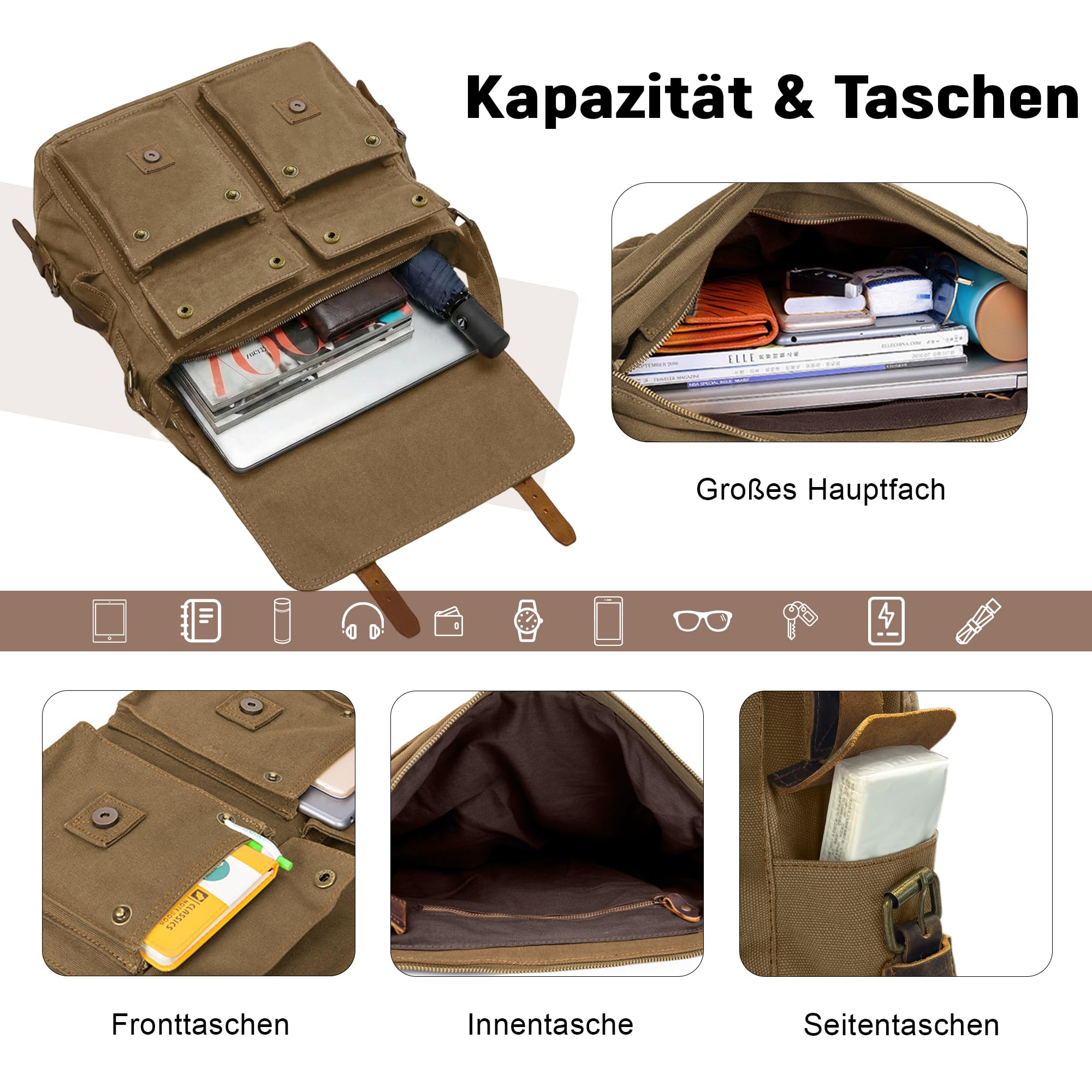 VARLIVOO Umhängetasche für Herren, Vintage Canvas Schultertasche Messenger bag, Große 15" Zoll Laptoptaschen Arbeitstasche für Arbeit Reisen Schule Braun A