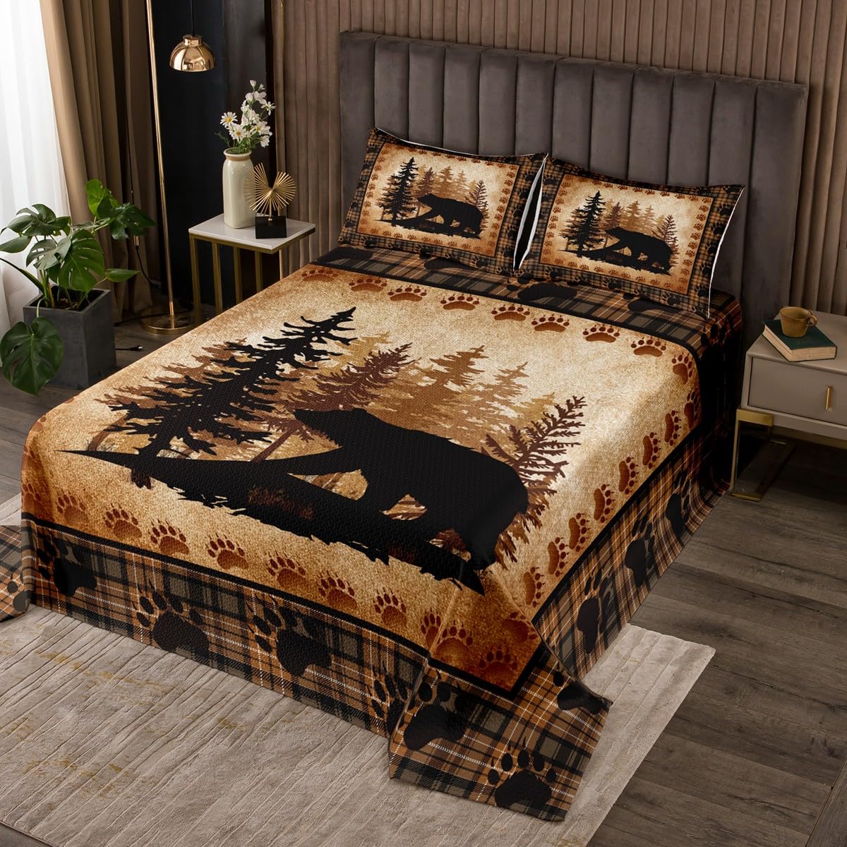 Castle Fairy Bear Print Quilt Bedding Set Queen Size,Wild Animal Hunt Pine Trees Retro Bedspread Coverlet for Girls Teens,Rustic Grid Plaid Cabin Decor Soft Polyester Quilt Set, All Season