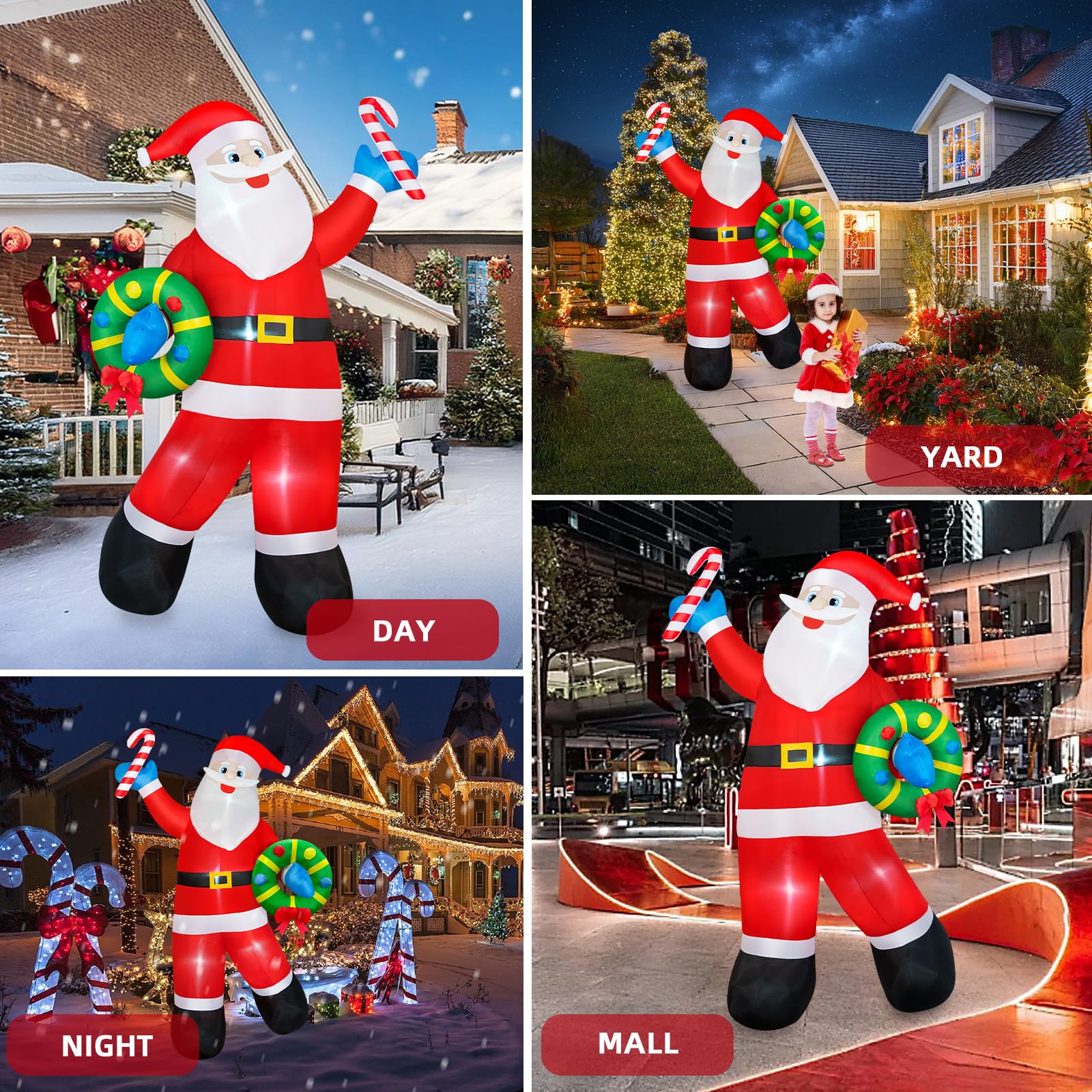 Père Noël gonflable de 2,4 m - Décorations d'extérieur - Père Noël gonflable tenant une guirlande de Noël - LED intégrées - Décoration de Noël pour Noël, vacances, jardin, pelouse