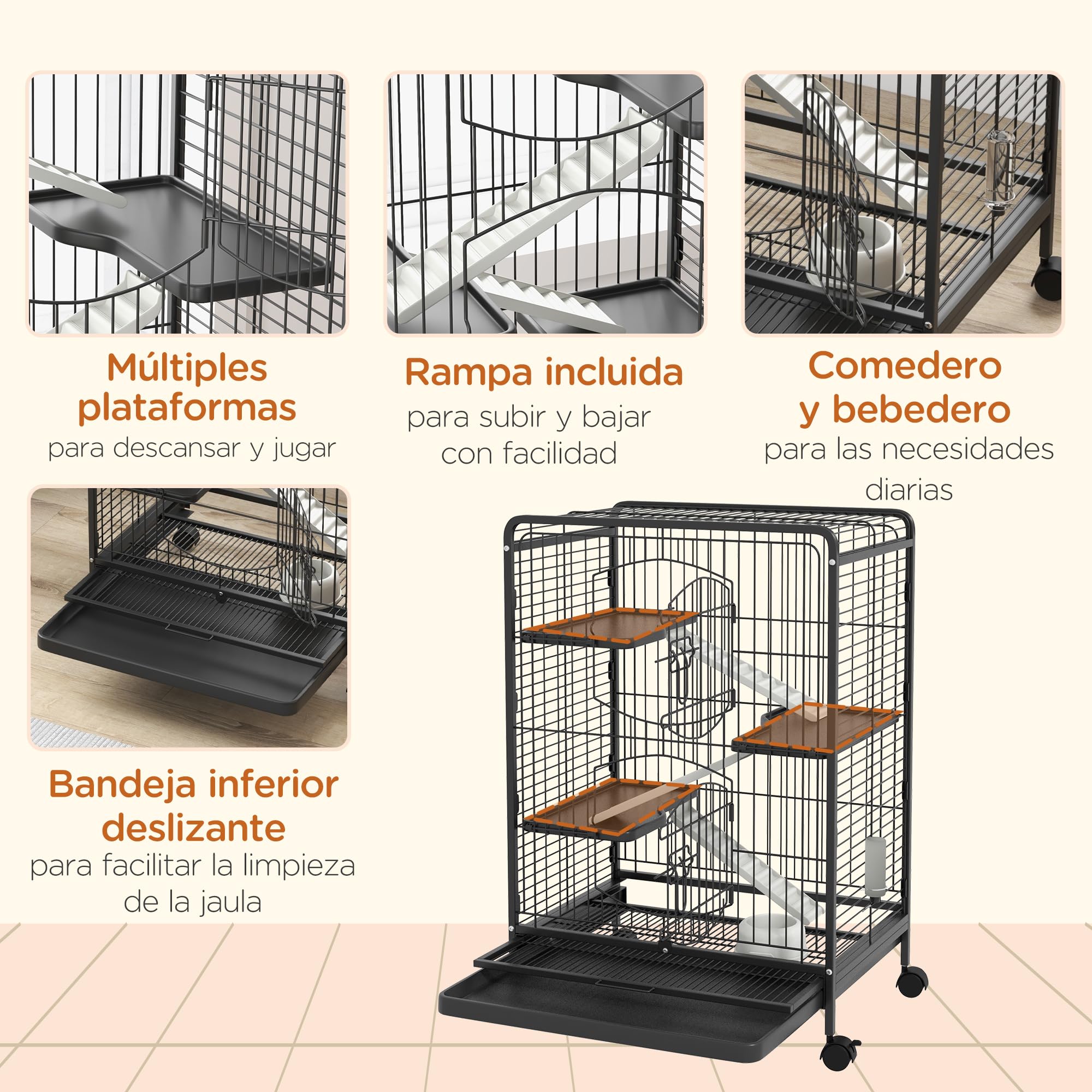 PawHut Jaula para Hurones Jaula para Animales Pequeños con Ruedas Rampa Cuenco Botella de Agua y Bandeja Extraíble Recinto para Conejos Chinchillas 61,5x44x95 cm Negro