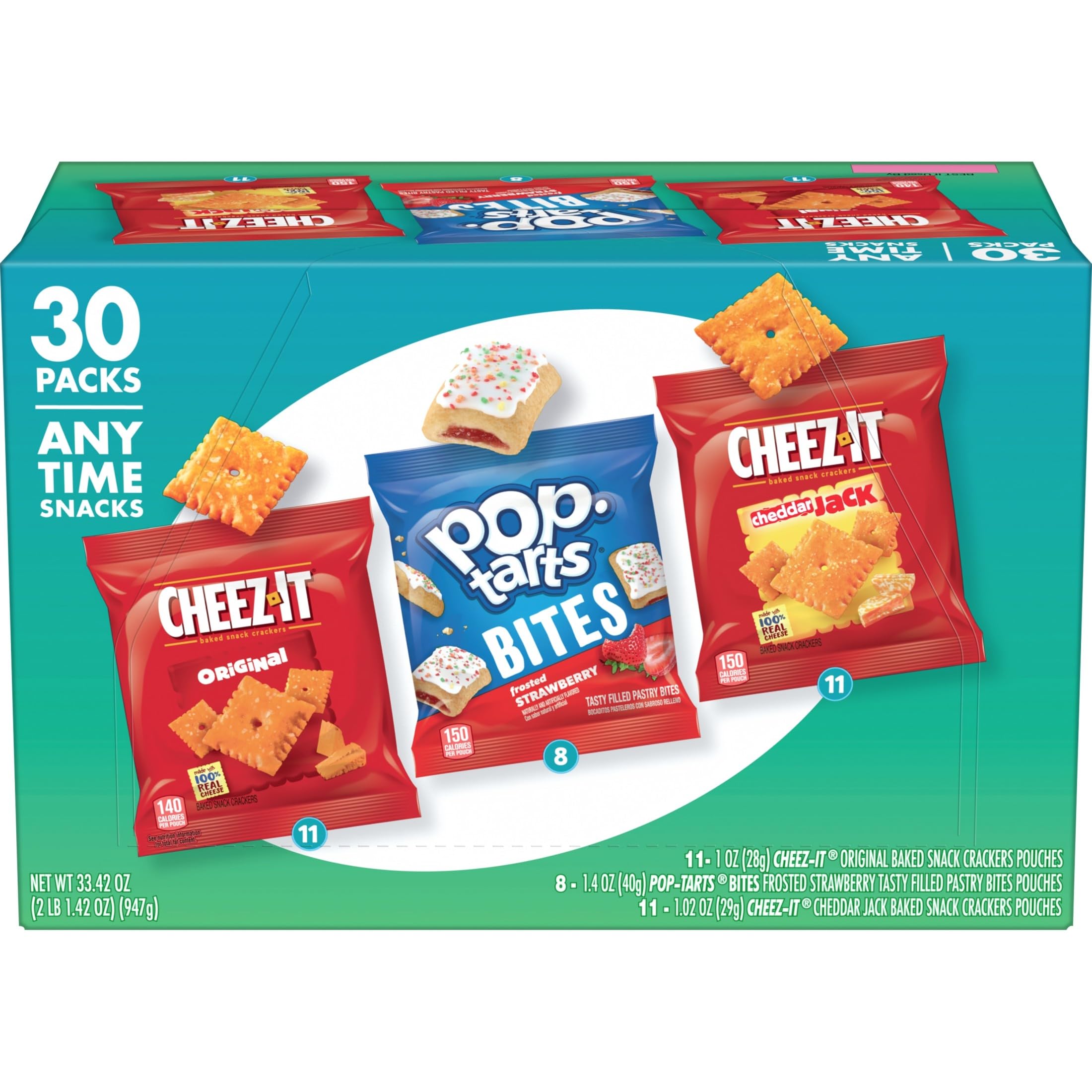 Kellogg's Cheez-It & Pop-Tarts Snacks, Grab 'N Go, Any Time Snacks Variety Pack, 33.42oz Box (30 Count)