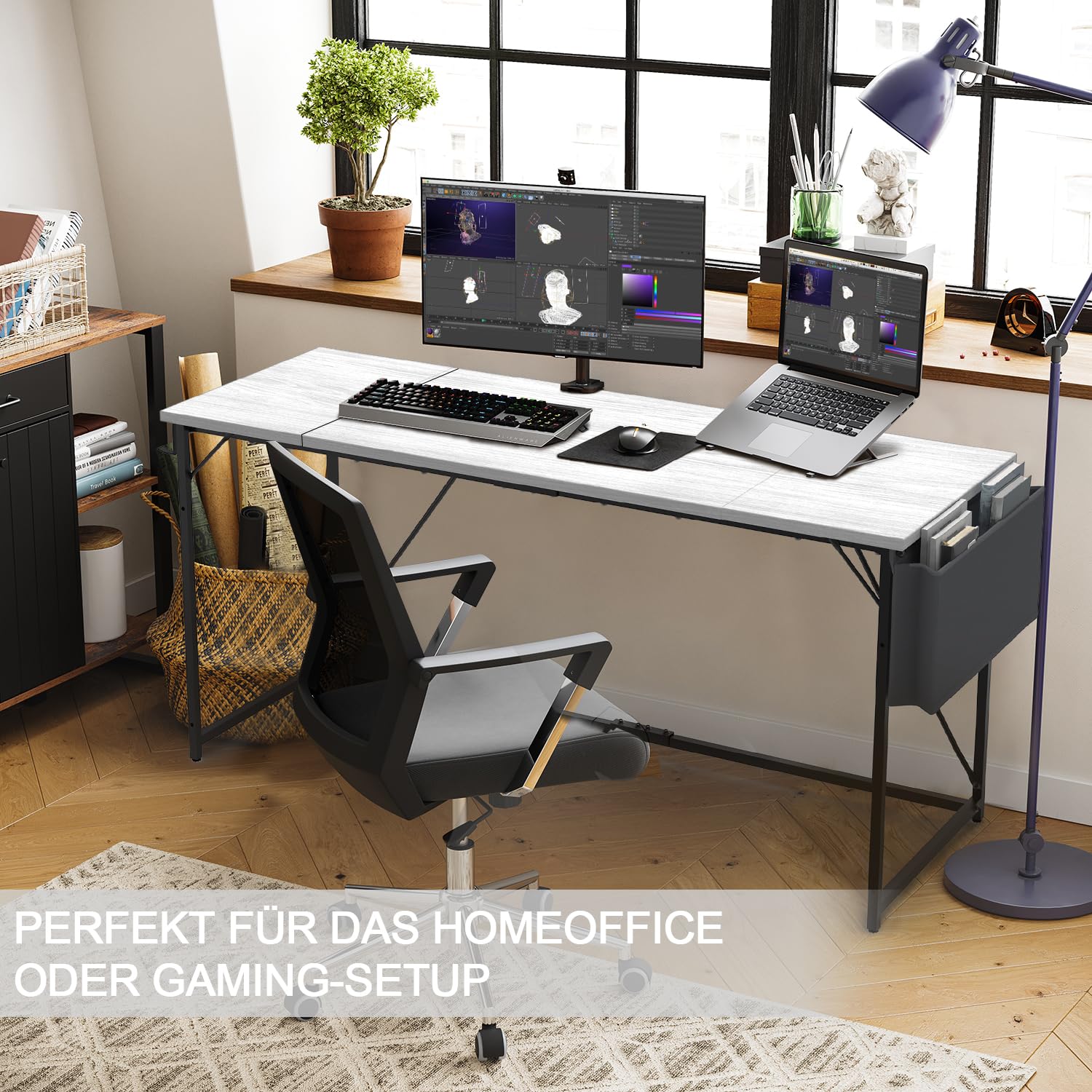 Devoko Scrivania per Computer, Scrivania PC da Ufficio, Scrivania salvaspazio per Studio, Scrivania da Lavoro con Borsa Portaoggetti e Gancio para, Struttura in Metallo 140 x 50 x 75, Grigio.