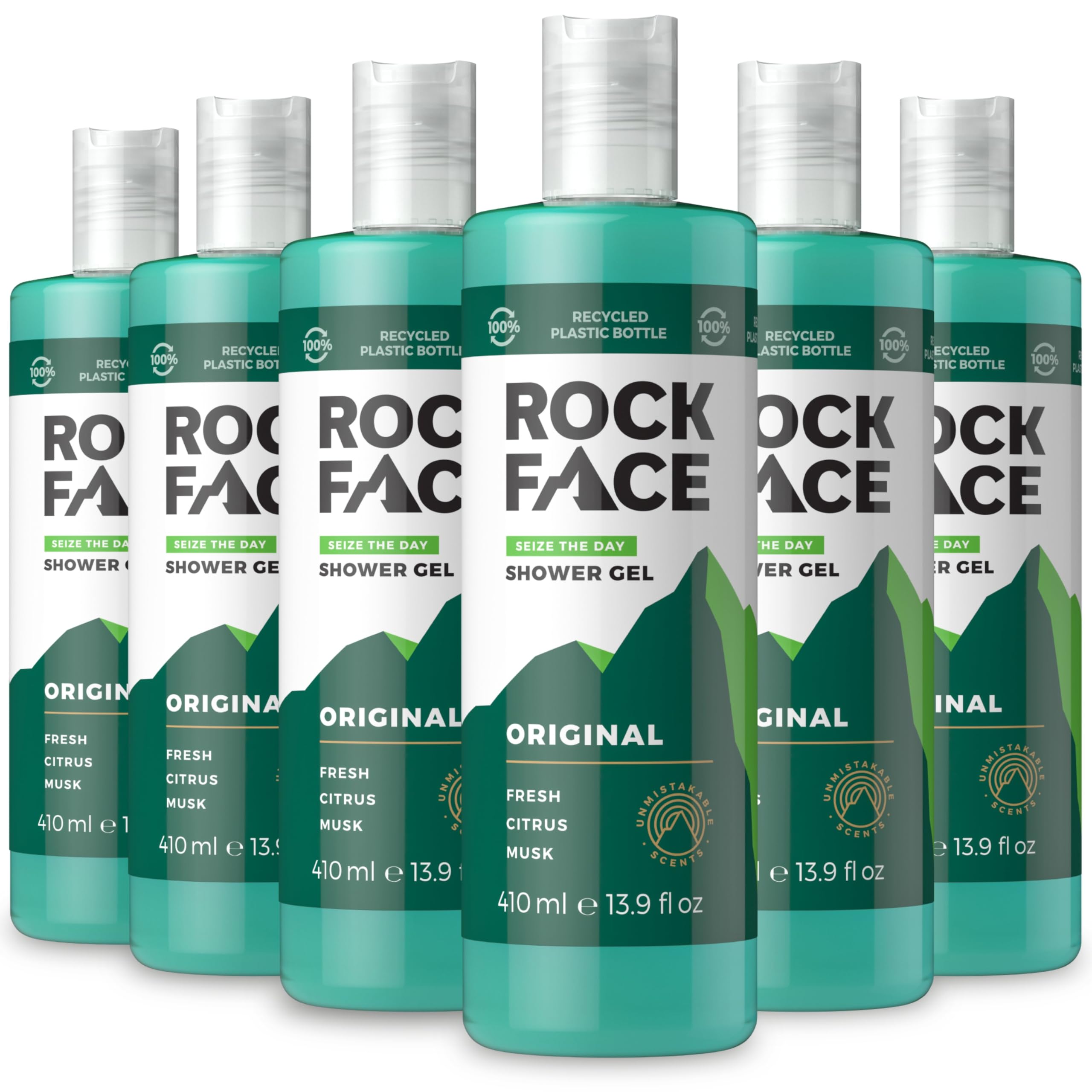 Rock Face Shower Gel - Original All In One Body Wash for Men, 410ml, Fresh Citrus Scent, Suitable for Hair and Body, Long Lasting Fragrance, Multipack of 6