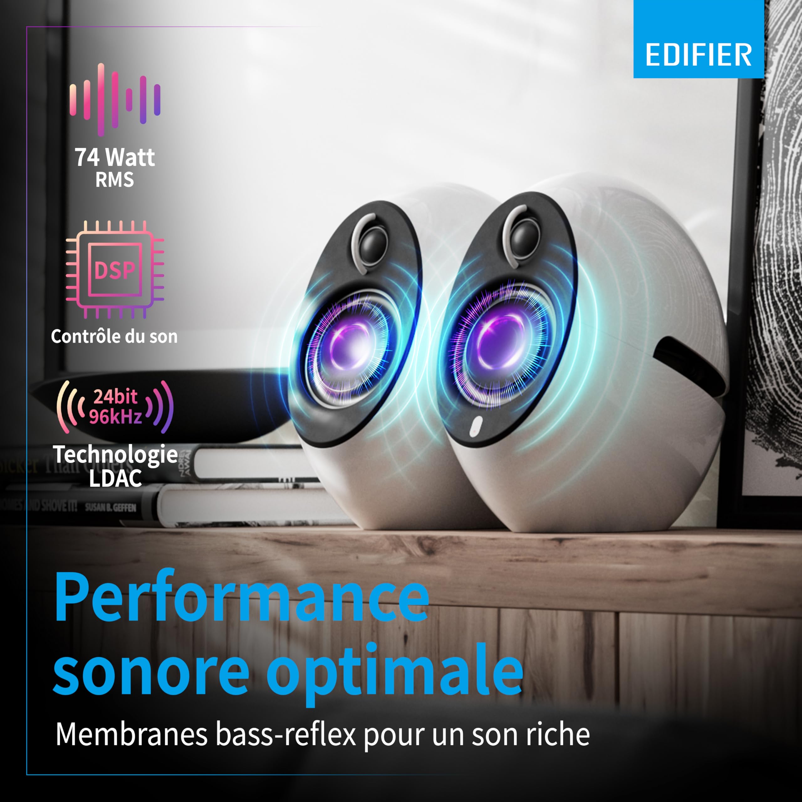 Edifier Luna Eclipse - Kit d'Enceintes Design 2.0 Bluetooth avec Télécommande IR Blanc 74 W E25 White