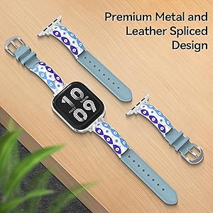 Metal Leather Spliced Band - Adjustable Tang Buckle Evil Eye Band Compatible with Apple Watch Series 42mm(Series 3) 44mm 45mm 46mm 49mm iWatch Wrist Straps for Series 11 Ultra 3 4 5 6 7 8 9 10 SE