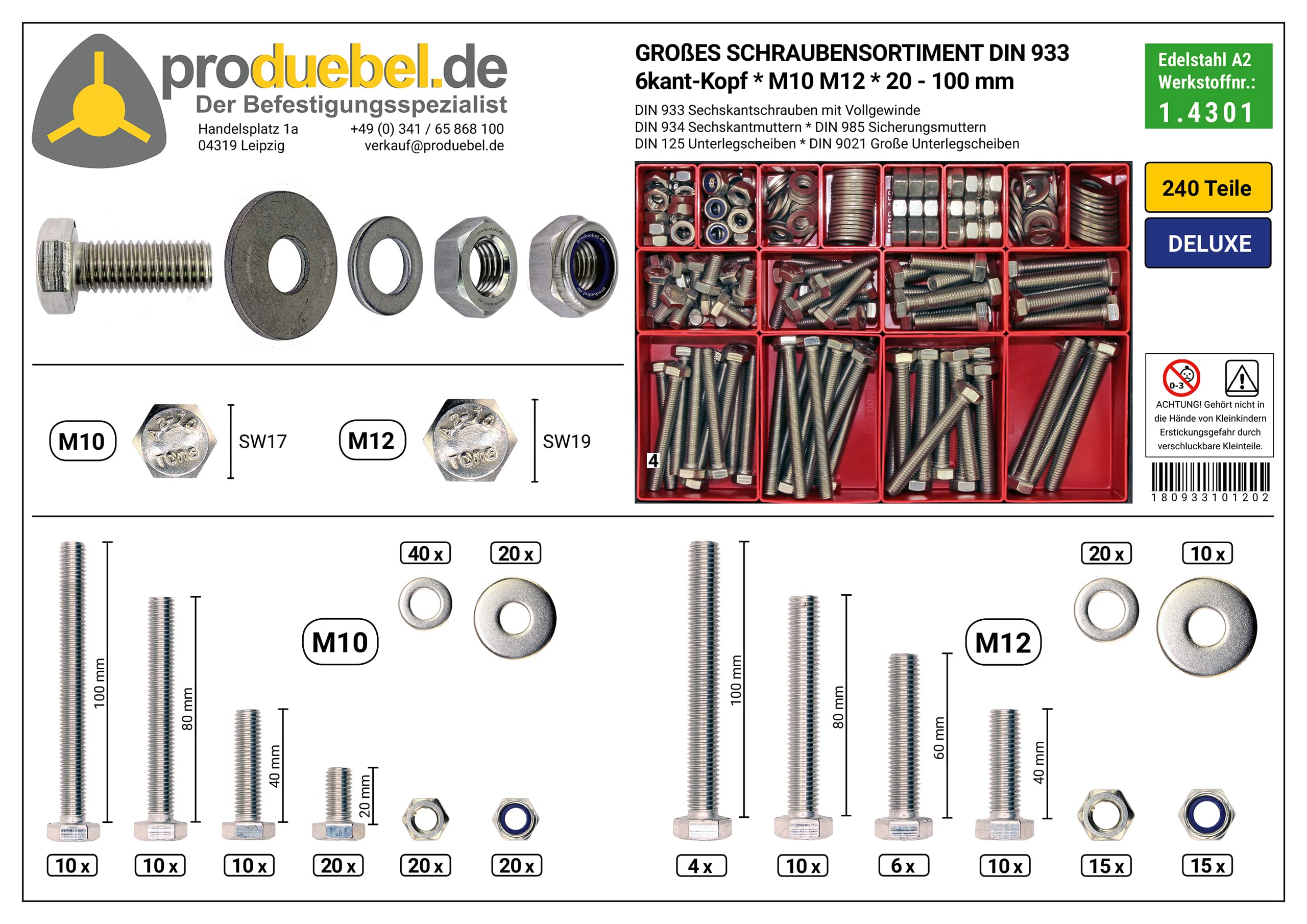 Großes Schrauben-Sortiment DIN 933 M10/M12 Edelstahl A2 V2A (DIN933+934+985+125+9021) 240-tlg (Deluxe-Box)