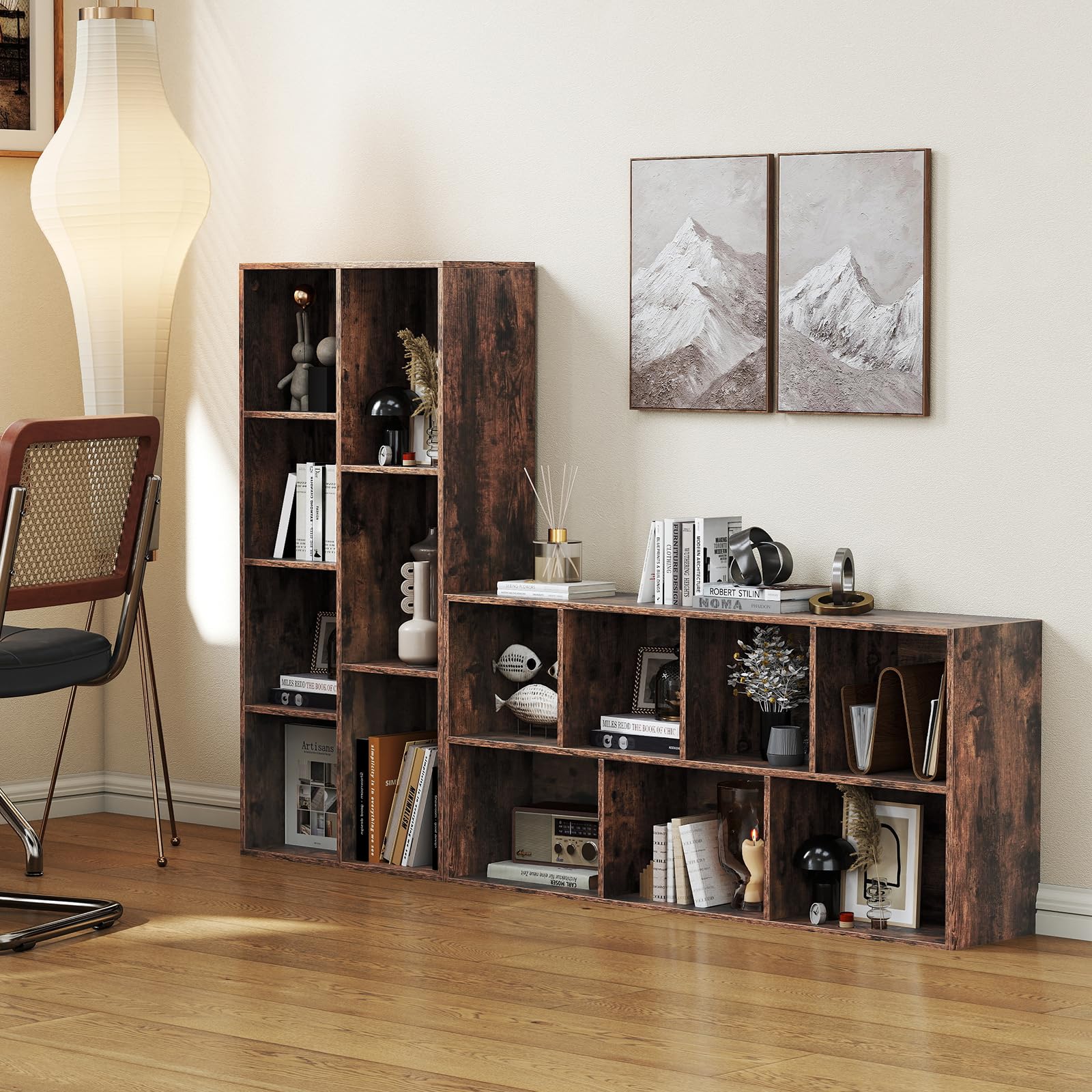 KOMFOTTEU Libreria Verticale con 8 Cubi, Mobile Contenitore in Legno, con 2 Dispositivi Antiribaltamento, Libreria Scaffale per Soggiorno, Camera da Letto, Ufficio, 49,5 x 23 x 106 cm (Marrone)