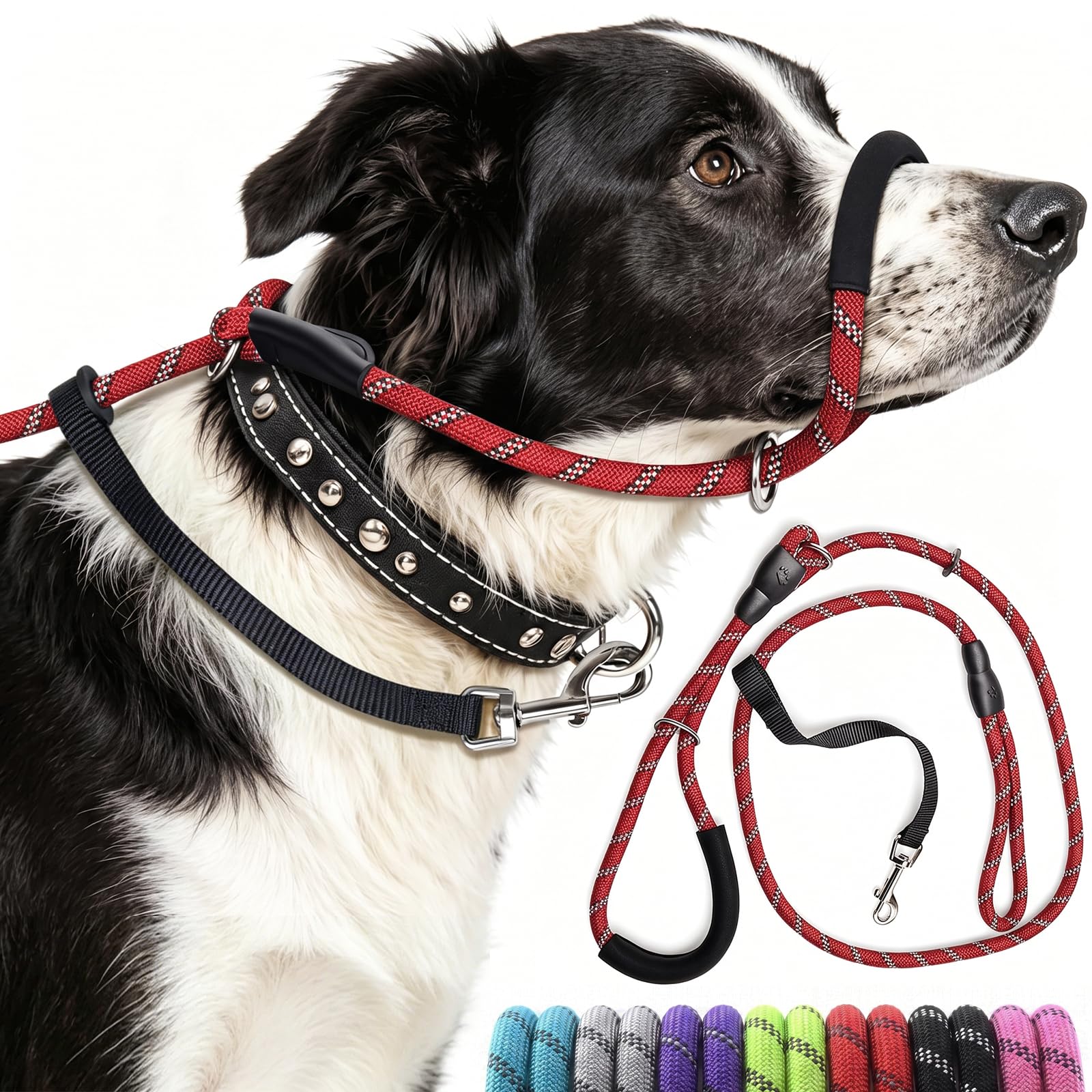 Figure of 8 Dog Lead for Medium, Large Dog, Nose Pad & Reflective, Red