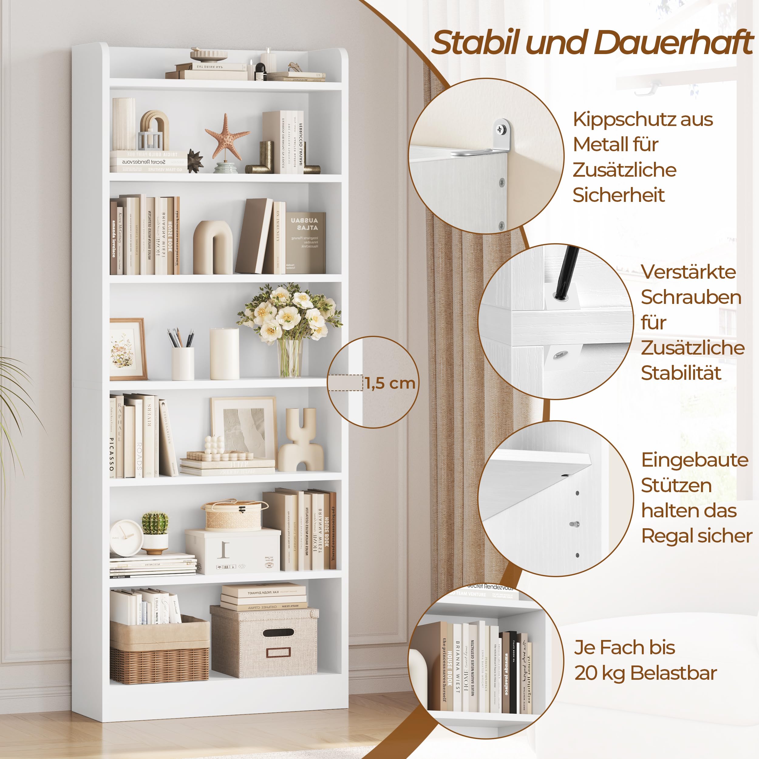 Yaheetech Bücherregal, 7 Fächern Bücherschrank mit Verstellbarer Regalboden, 180,5 cm H Standregal, offenes Aufbewahrungsregal für Wohnzimmer/Heimbüro/Arbeitszimmer, Weiß | Bücherschrank mit Verstellbarer Regalboden, offenes Aufbewahrungsregal für Wohnzim
