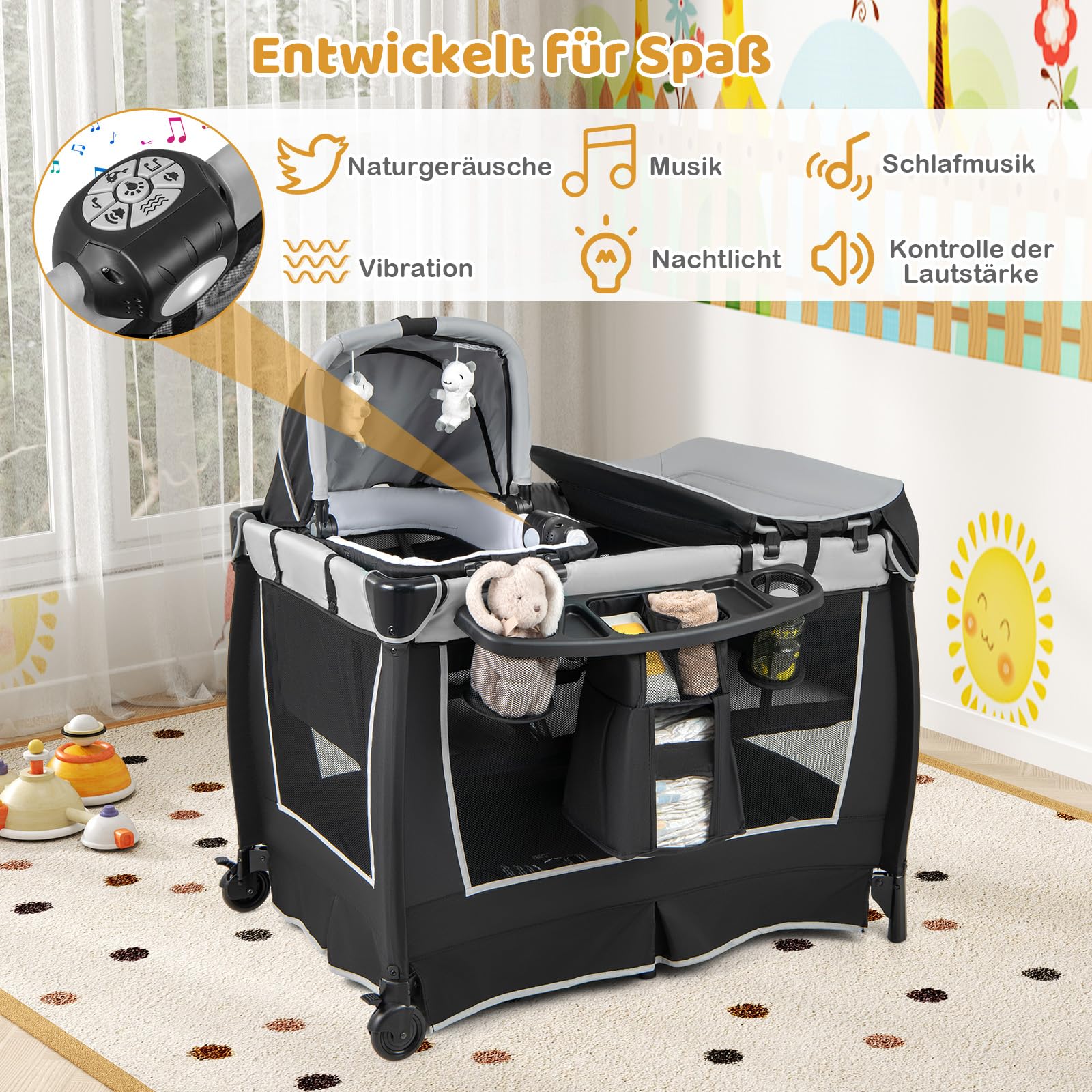 COSTWAY 6 in 1 Reisebett mit Matratze, mobile Babywiege mit verstellbarem Vordach, Babybett Beistellbett klappbar mit Wickelauflage, Spieluhr & Tragetasche für Baby bis 3 Jahre, 15 kg Belastbar (Grau)