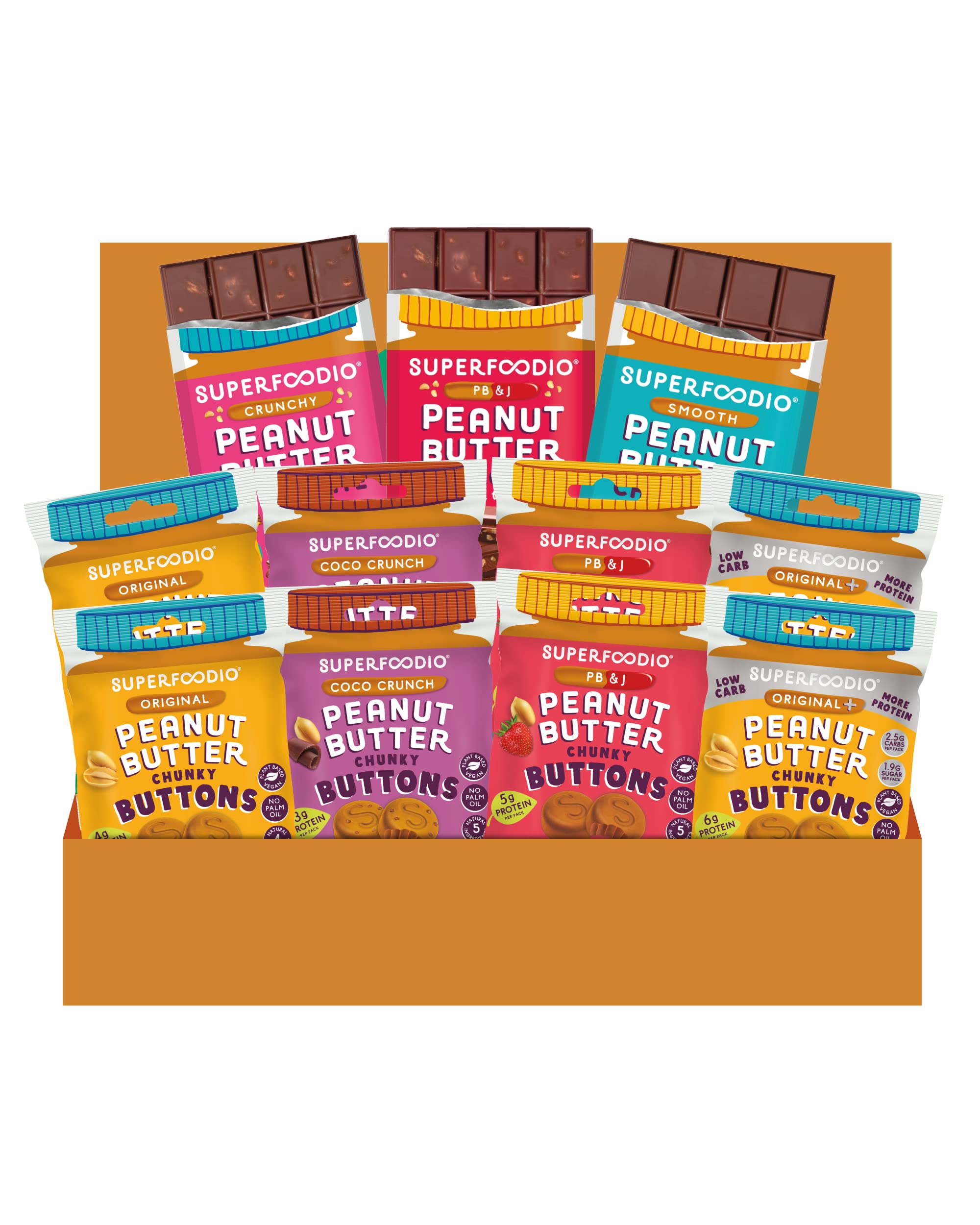Superfoodio Peanut Butter Lovers Gift Box | 3 x 90g Delicious PB Chocolates & 8 x PB Buttons Snacks | Vegan | All-Natural Ingredients | Protein | No Refined Sugar | No palm oil, 11 Piece Set