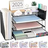 Desk Organizer and Accessories, 4-Tier Desktop File Organizer with Drawer and 2 Pen Holders, Office Desk Accessories, File Sorters, Workspace Organizers for Office Supplies(Black)