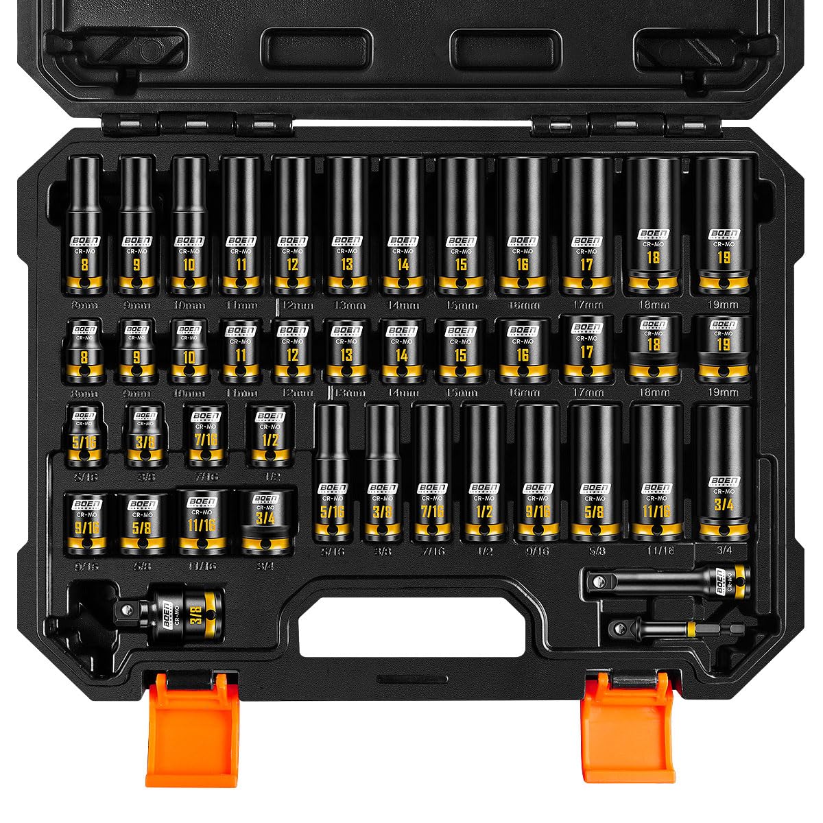 3/8" Drive Impact Socket Set, 43-Piece SAE(5/16"-3/4") & Metric(8-19mm) Set