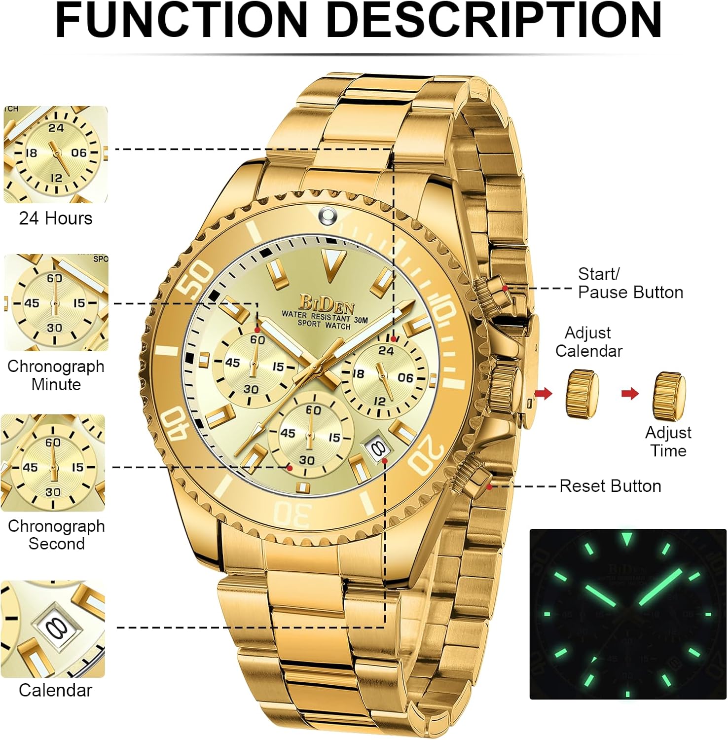 Biden Mens Watches Chronograph Stainless Steel Waterproof Date Analog Quartz Watch Business Casual Fashion Wrist Watches for Men, Black a, Quartz Watch,Chronograph - Image 6