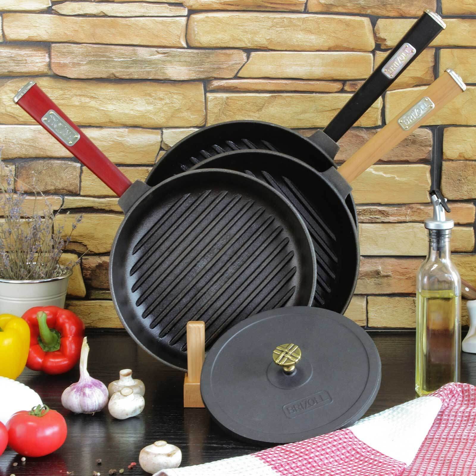 4BIG.fun Grillpan 24 cm met drukketel | Braadpan rond met drukketel | Steakpan van gietijzer | Pan en steakpers voor gasgrill, oven, vuurplaats, alle kookplaten incl. inductie