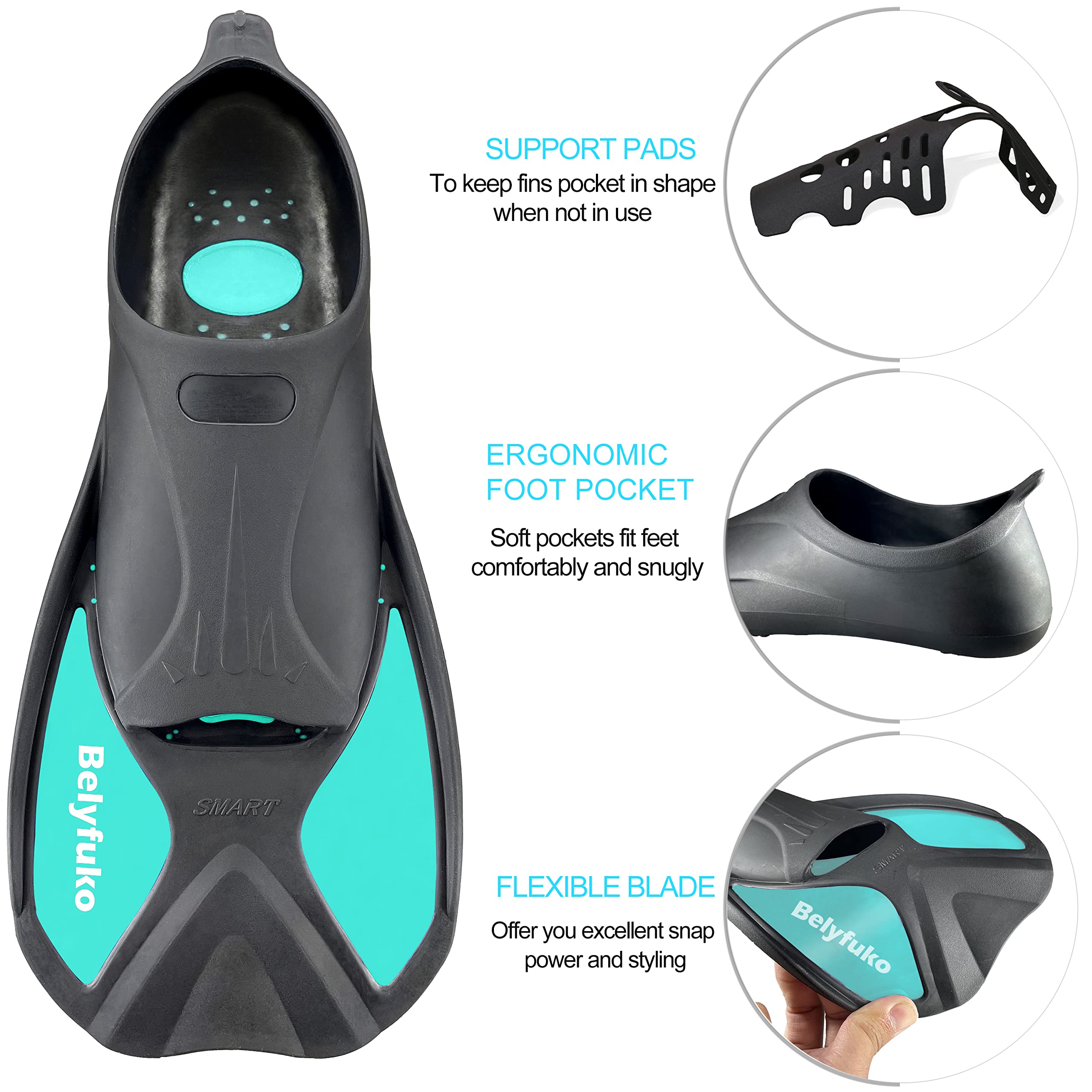 Belyfuko Short Swim Fins, Adult Snorkel Fins for Lap Swimming Diving Snorkeling Travel Size with Mesh Bag