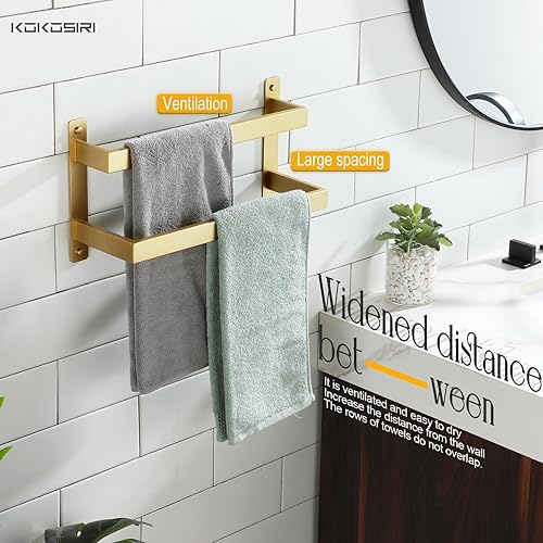 Miniatura 6 de KOKOSIRI Toalleros de baño de 16 pulgadas con escalera de 2 niveles de oro cepillado, toalleros montados en la pared, estantes de acero inoxidable,