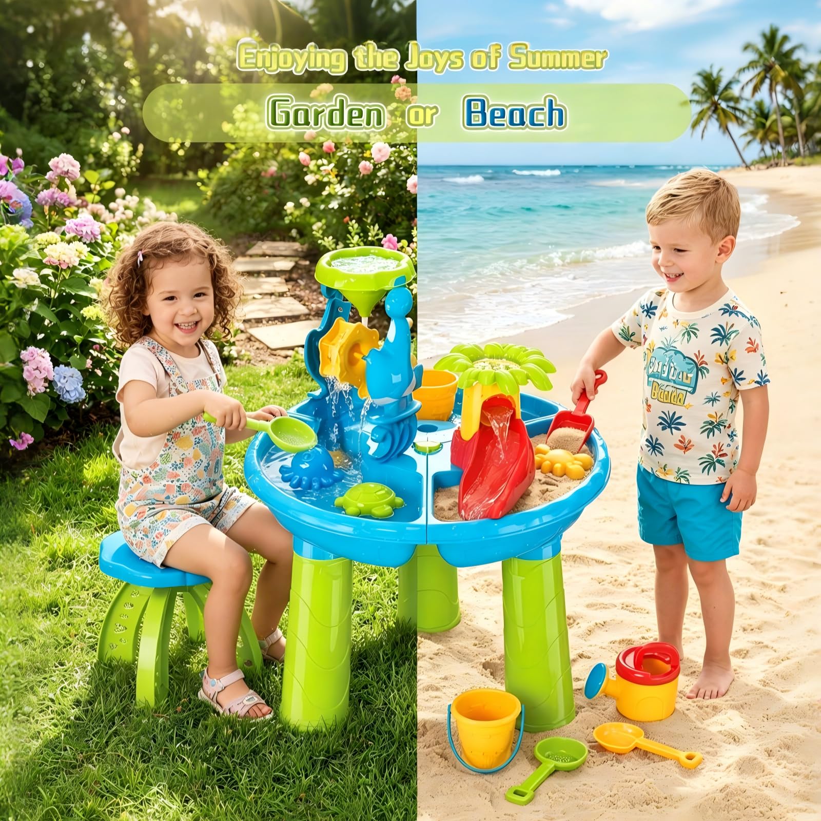 deAO Table de Sable et d'eau avec Chaise, Jeu Plein Air Enfant dès 3 Ans | Table d'Activités Sensorielle Enfant, Pour Jardin ou Plage, Inclus Bateau, Pelle, Râteau, Tamis, 1-3 Enfants, Garçons Filles