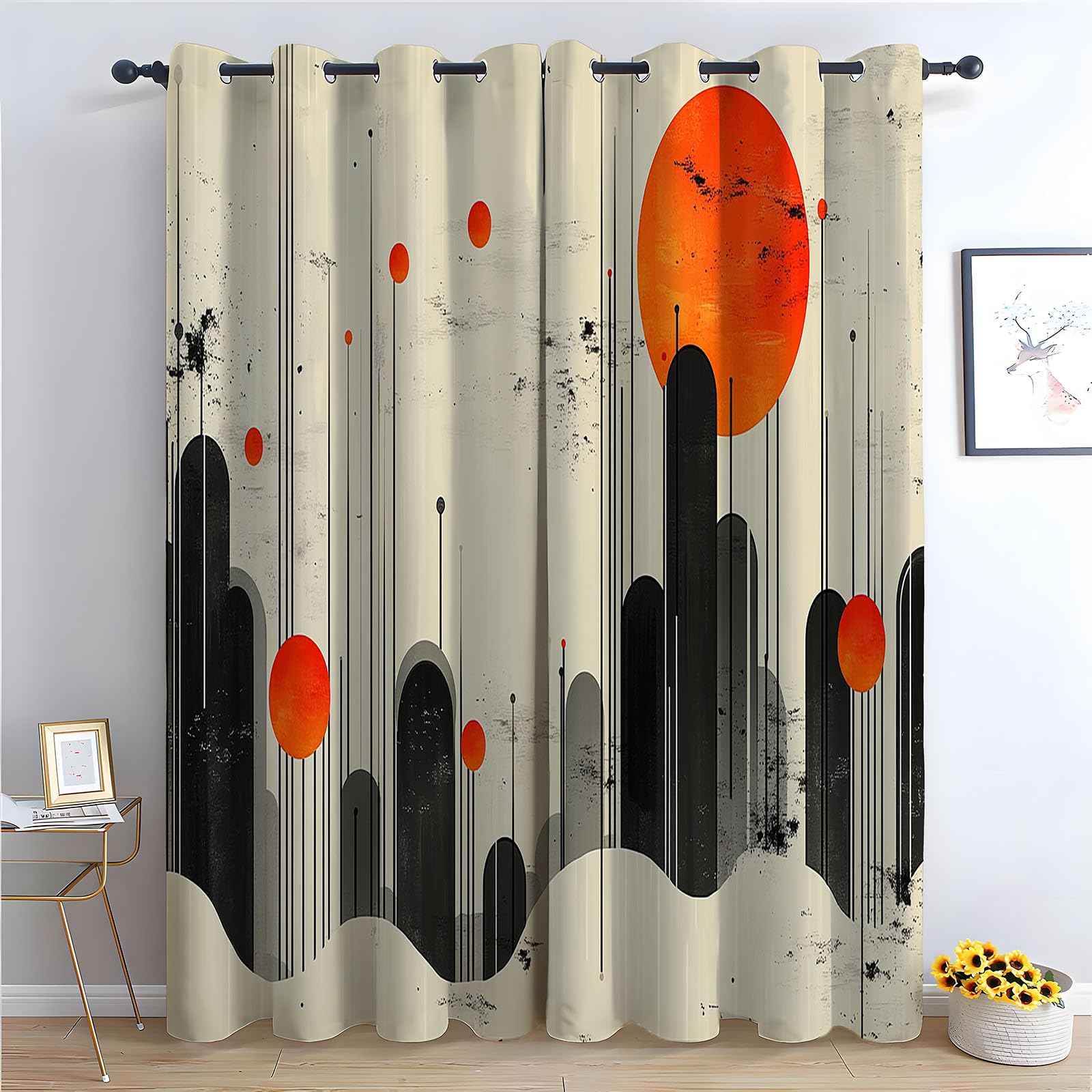 Vorhänge Blickdichte Retro - Minimalistisches Oranges Sonnenabstrakt Raumverdunklung, Vorhänge für Wohnzimmer und Schlafzimmer-H180 x B100 cm (2er Pack)