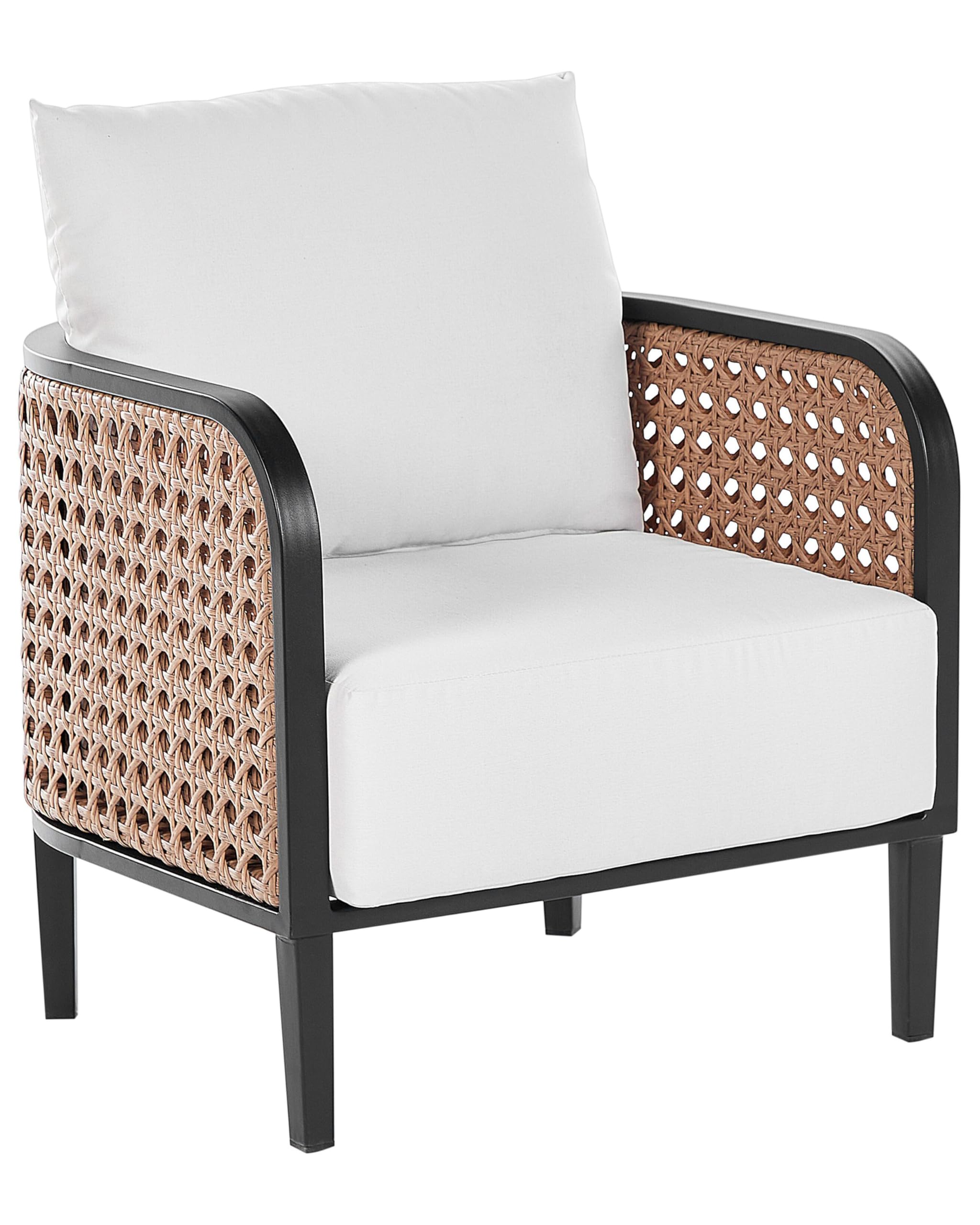 Beliani Sillón de jardín Exterior Metal de Aluminio con Cojines Gruesos Blanco Crema Impermeable Respaldo Trenza vienesa ratán sintético Montefalco