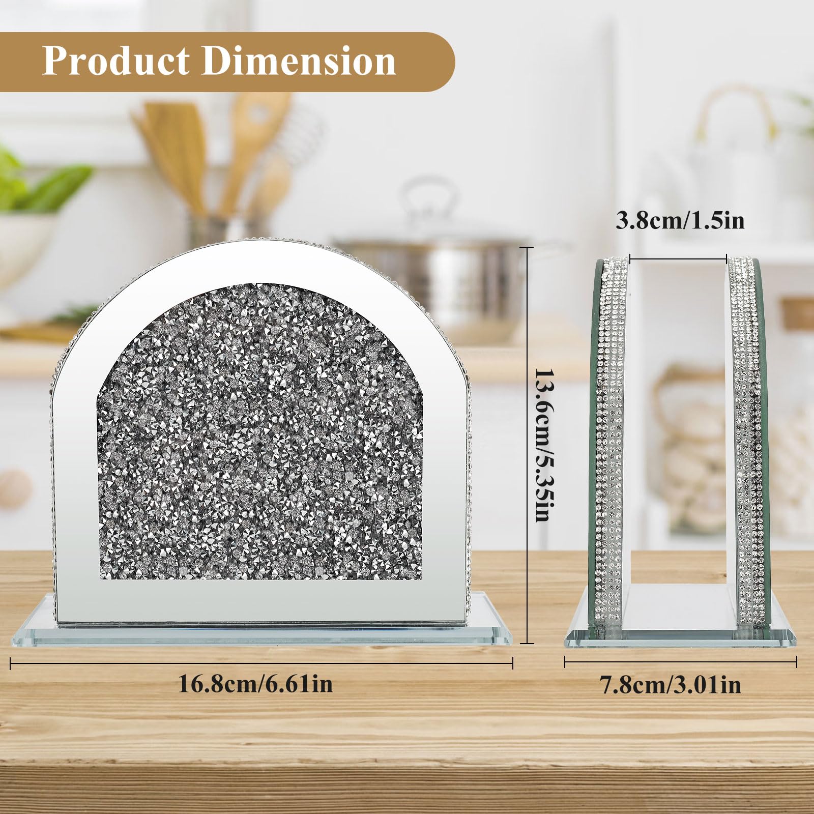 Porte-serviettes Vertical En Cristal Miroir Diamant écrasé - 16.7x7.6x13.5 Cm - Support Pour Serviettes De Table - Décoration Cuisine, Salle à Manger