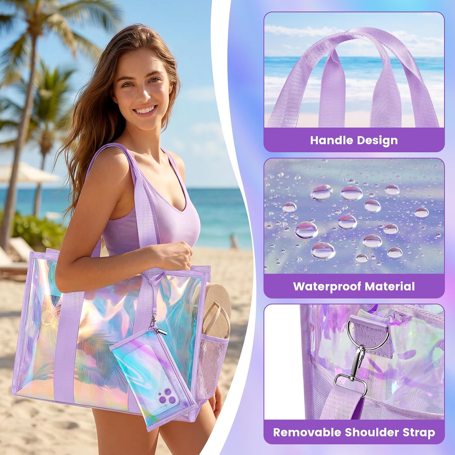 Iridescent Beach Bag for Women,PVC Pool Bag with Cosmetic Pouch&Phone Pouch,Summer Beach Tote for Travel & Vacation