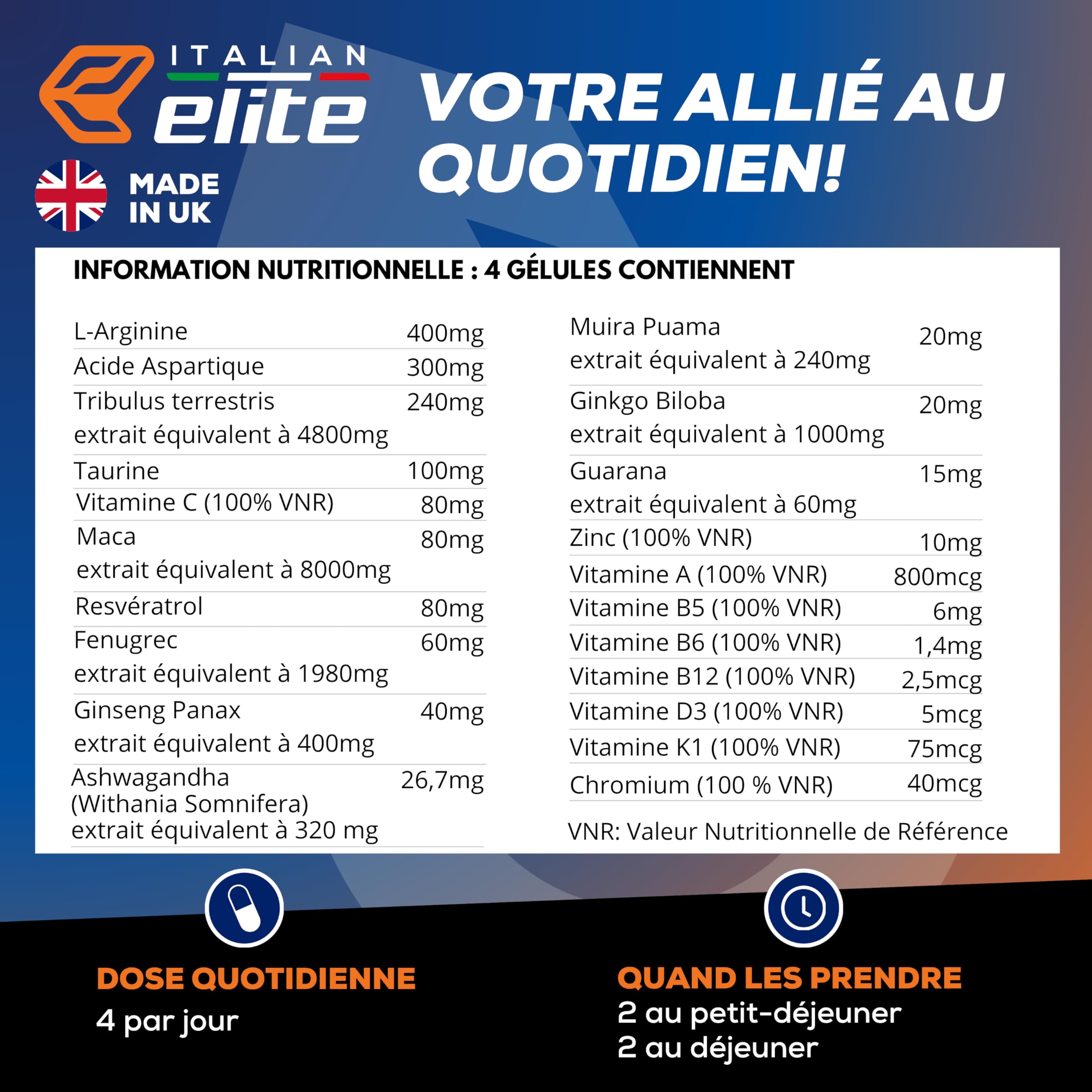 Italian Elite Testo Complex 240 Gélules - Formule avec Maca 8000 mg, Tribulus, Fenugrec, Zinc, Arginine, Taurine, Ashwagandha, Vitamines et Minéraux
