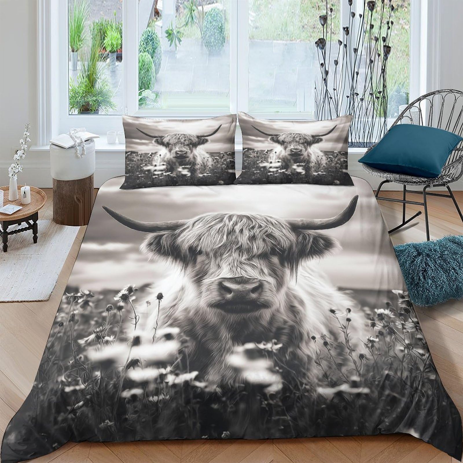 Ctjqhvkz Style-5 3D Printed Highland Cow Fitted Sheet Microfiber Soft Breathable Black White Wildflower Bed Sheet For Bedroom Dorm Mattress Decor Single（135X200cm）