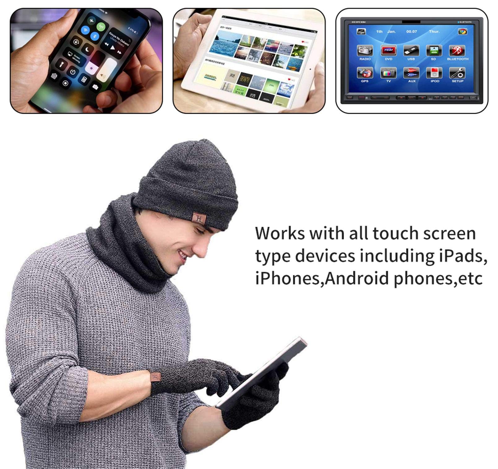Conjunto Gorro Bufanda Guantes Hombre Mujer, Gorro de Invierno Braga Cuello con Forro Polar Guantes de Punto con Pantalla Táctil