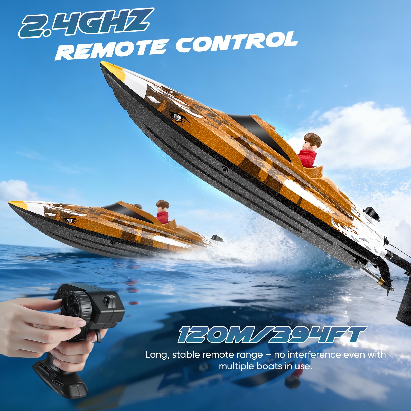 Bateau RC télécommandé 25 km/h - Bateau de course haute vitesse étanche avec 2 batteries et télécommande 2,4 GHz pour piscine, lac et étang - Pour enfants et adultes (Marron)