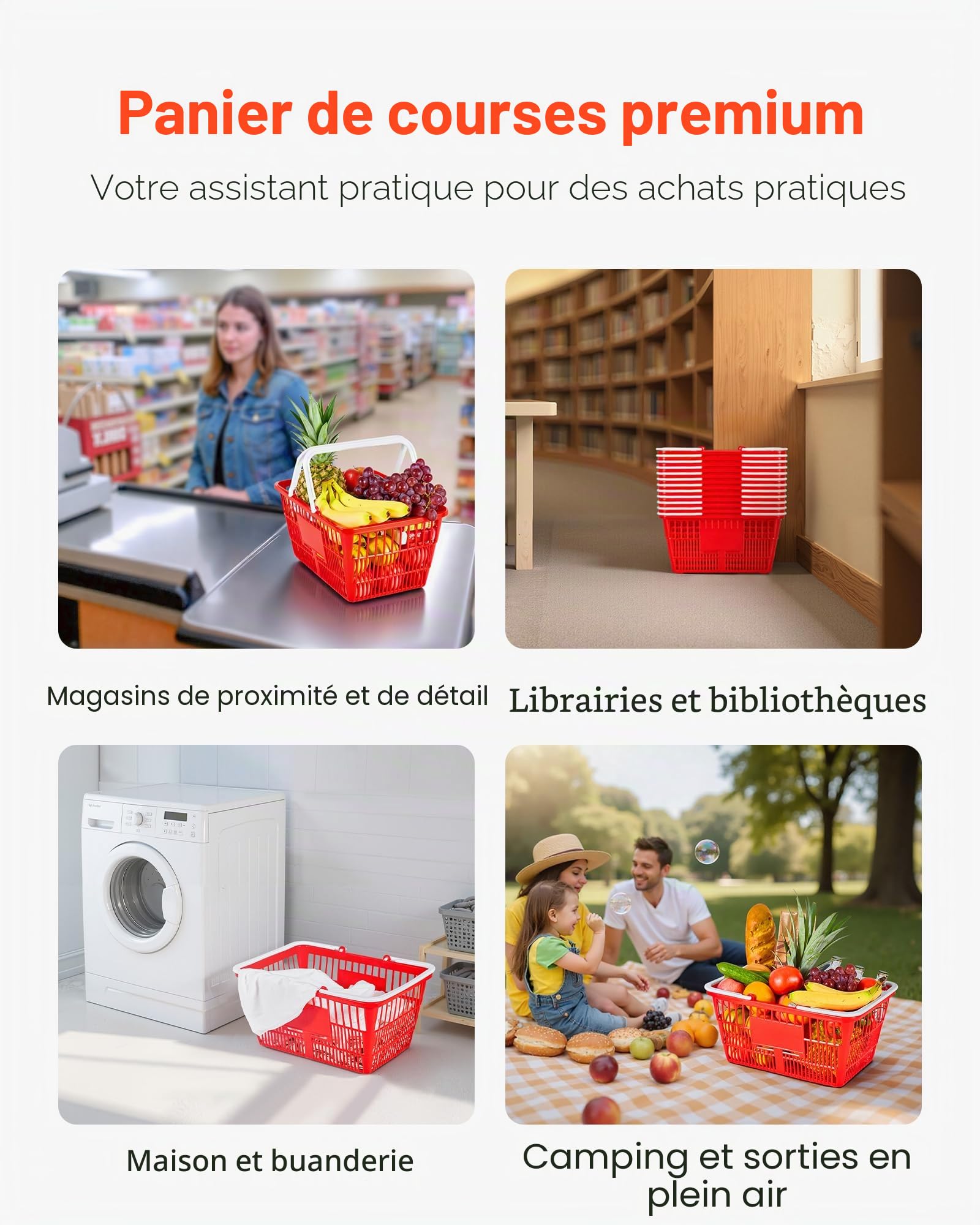 VEVOR Panier de Courses Plastique PE Panier à Provisions Empilables, Lot de 12, 21 L avec Poignées, Structure Maille Dense, Charge 9 kg, pour Épicerie, Vente au Détail, Magasins, Supermarchés, Rouge
