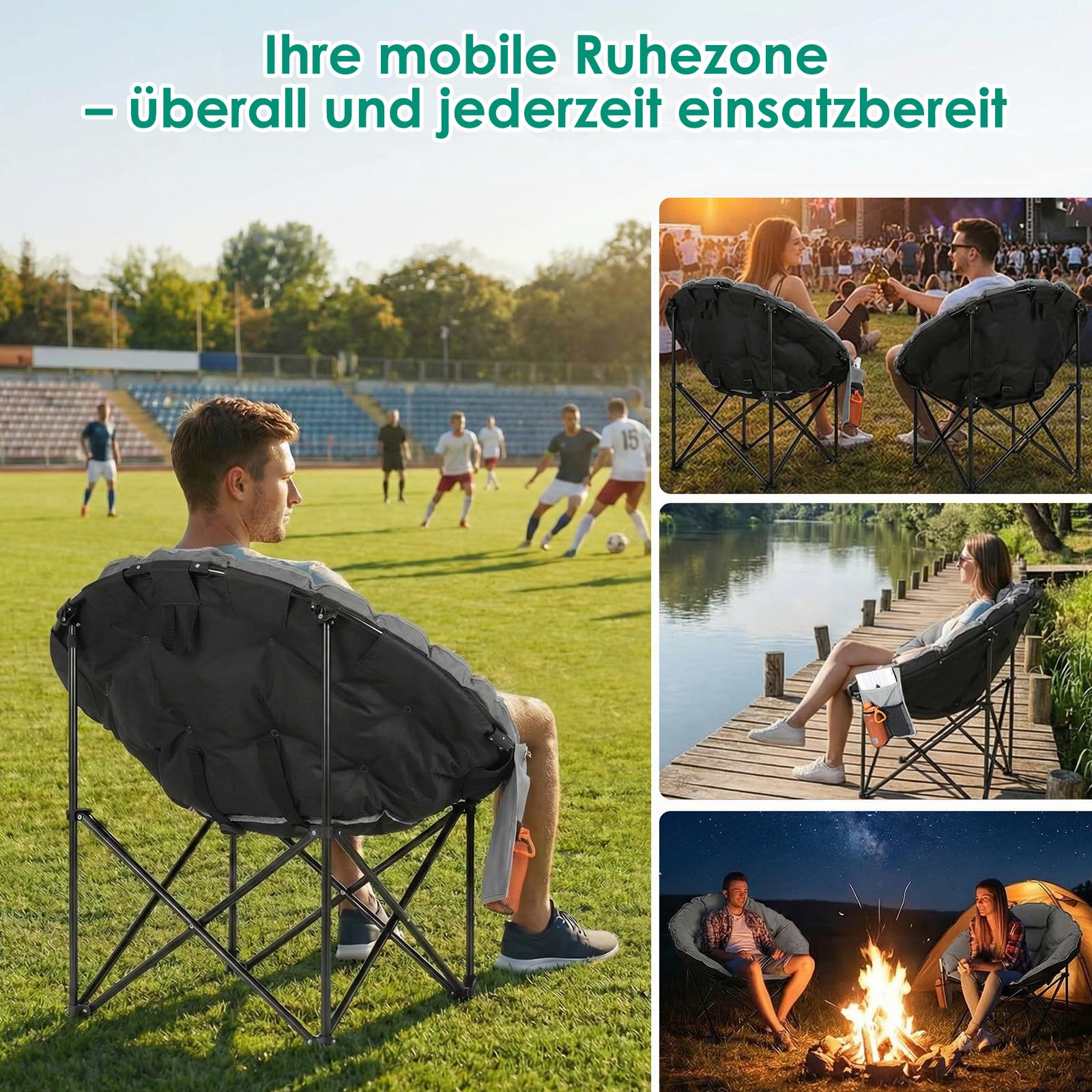 LIFERUN Moonchair Luxus 150KG, Campingsessel rund,Faltstuhl Camping Outdoor | Campingstuhl Faltbar mit Dick Gepolstert, Lagerungstasche, AntiRutsch-Füße, Seitentasche, für Garten, Angeln, Strand, Grau