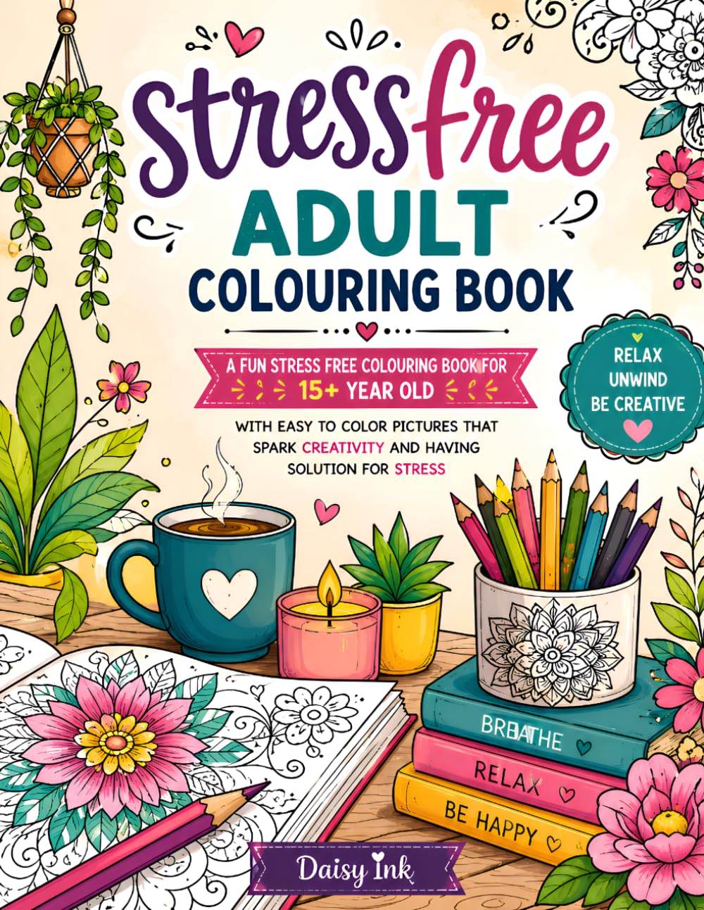 Stress-Free Adult Coloring Book: Easy and Relaxing Coloring Pages for Teens and Adults | Simple Designs for Stress Relief, Mindfulness, Creativity, and Calm