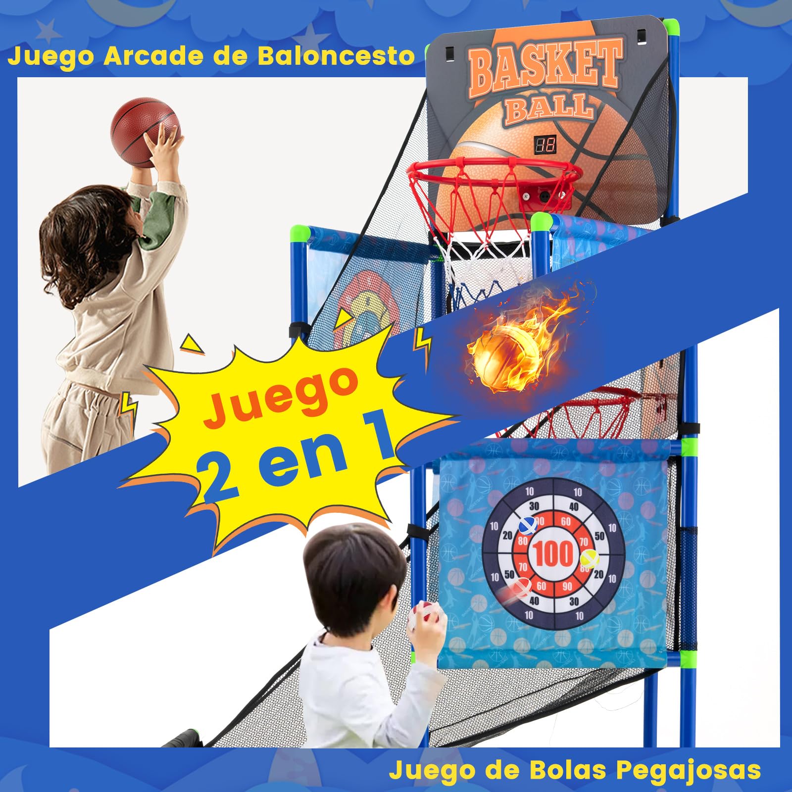 COSTWAY Canasta Baloncesto Infantil, Juego 2 en 1 de Baloncesto y de Pelotas Adhesivas, Marcador Electrónico, Sonido, Juego Deportivo de Arcade para Niños de 3+ Años