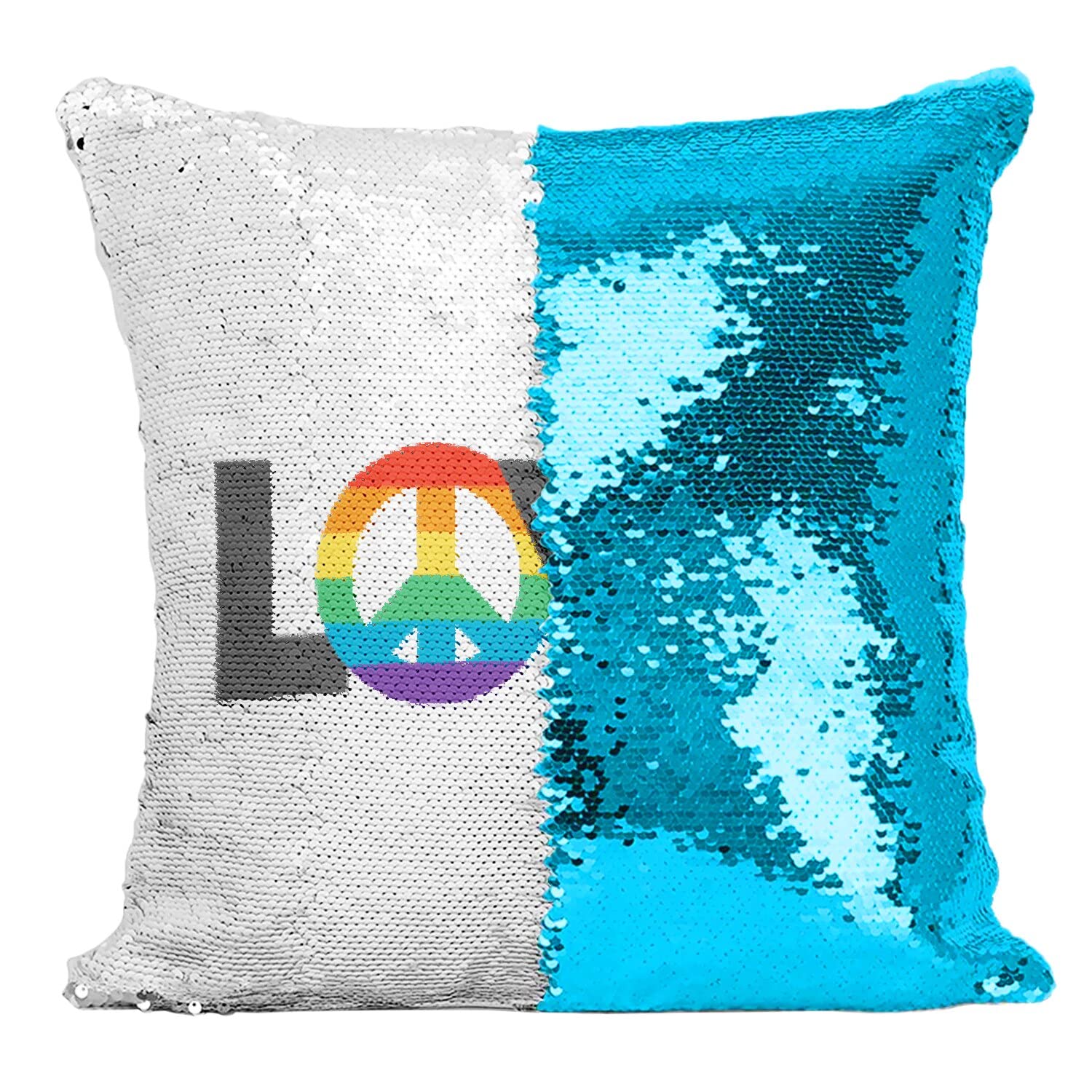 Coussin sequins réversibles Love Peace turquoise au style hippie